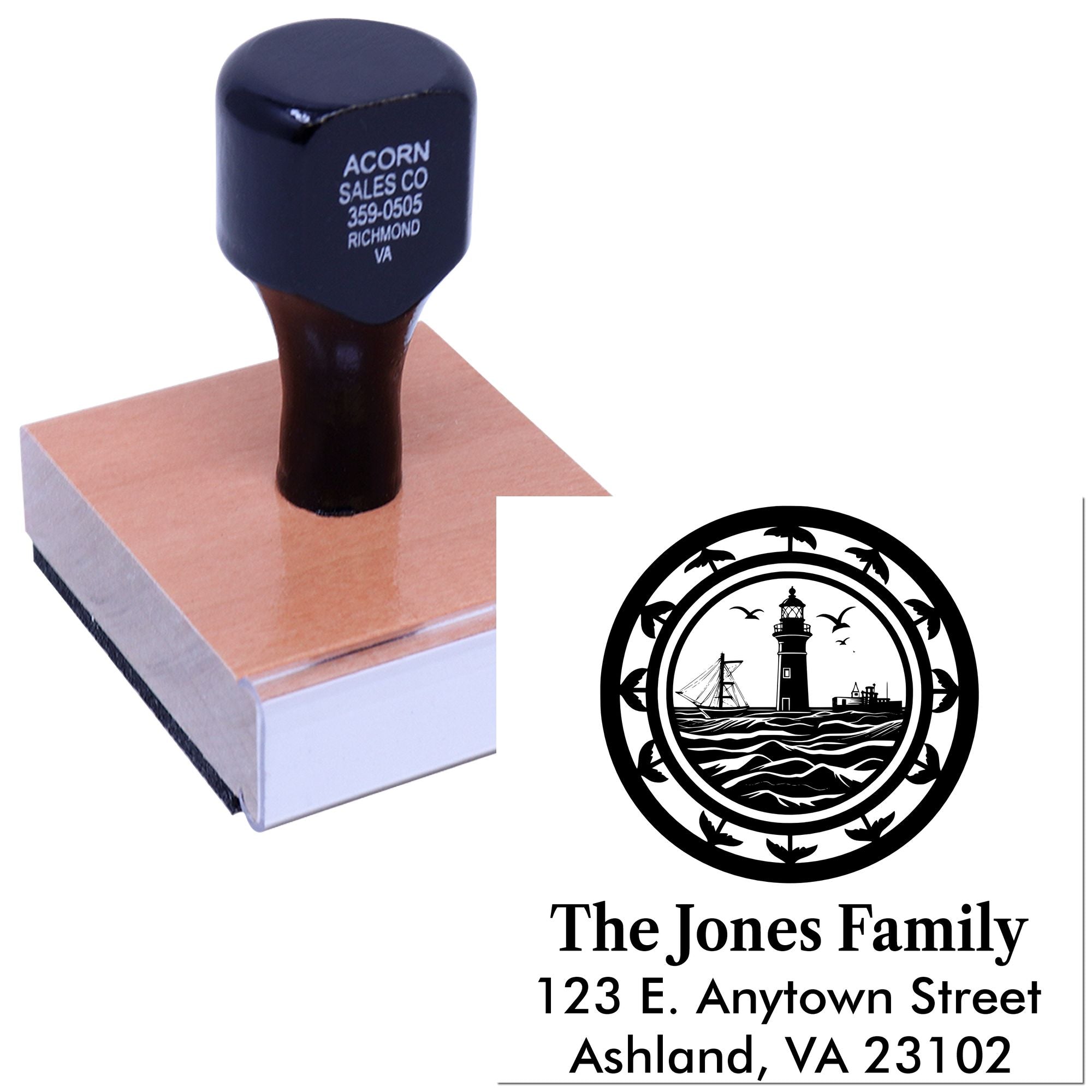 Personalized rubber stamp with family address and lighthouse logo, ideal for custom mailing and business branding.