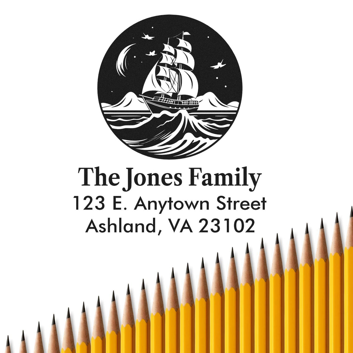 Personalized family return address rubber stamp with ship design for The Jones Family, Ashland, VA 23102