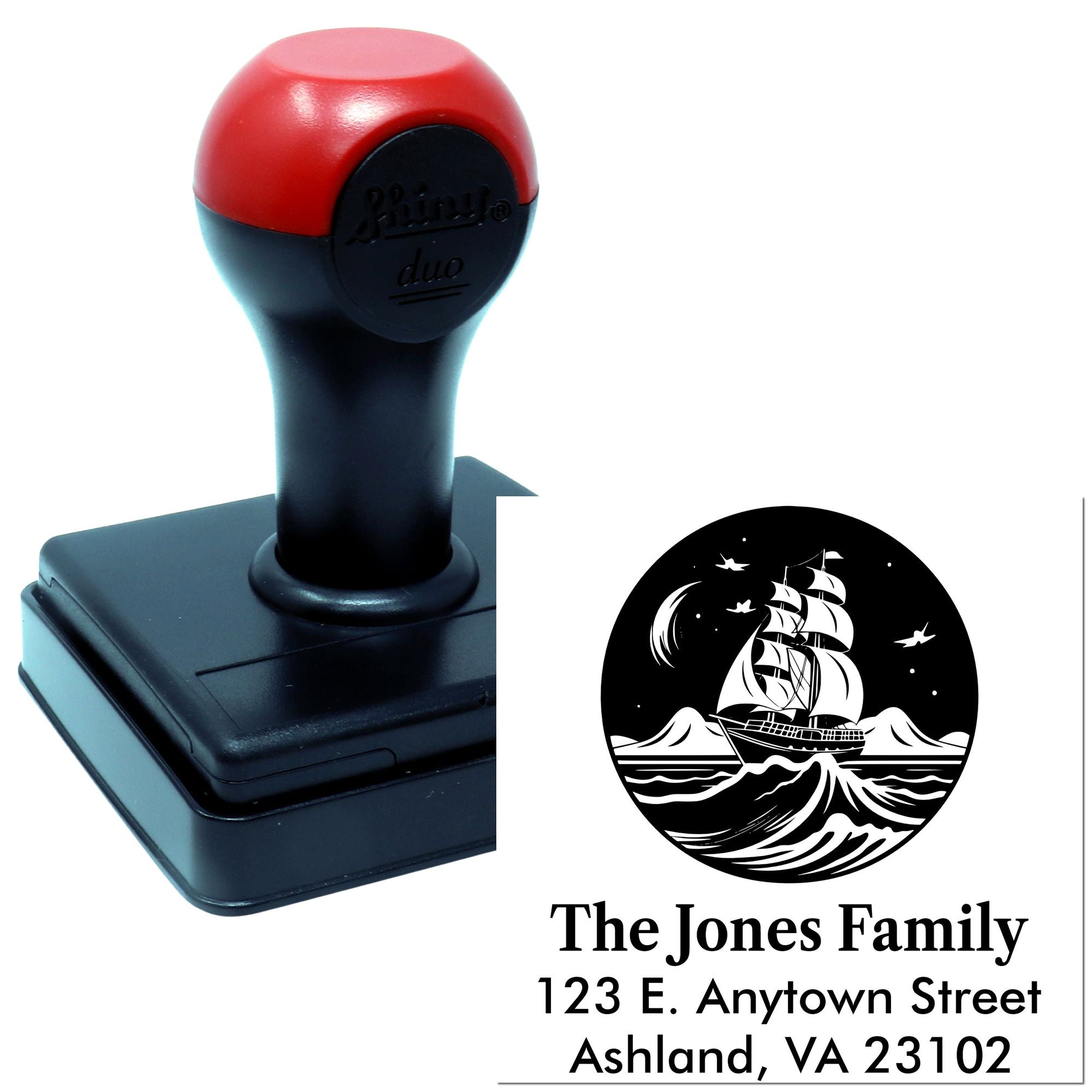 Custom self-inking rubber stamp with nautical ship design and family return address for personalized mailing and envelopes.