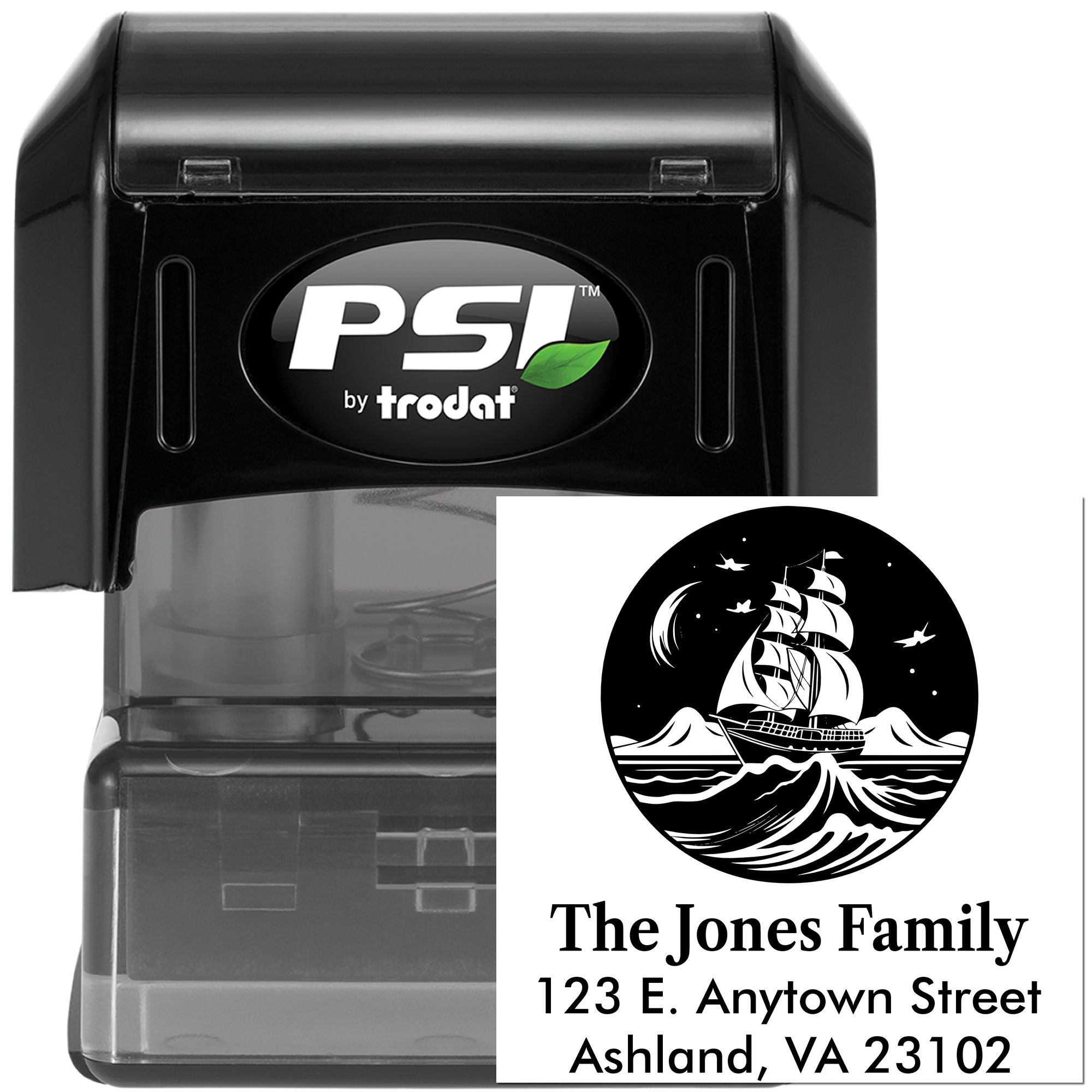 PSI by Trodat custom self-inking rubber address stamp with sailboat family design and personalized return address.