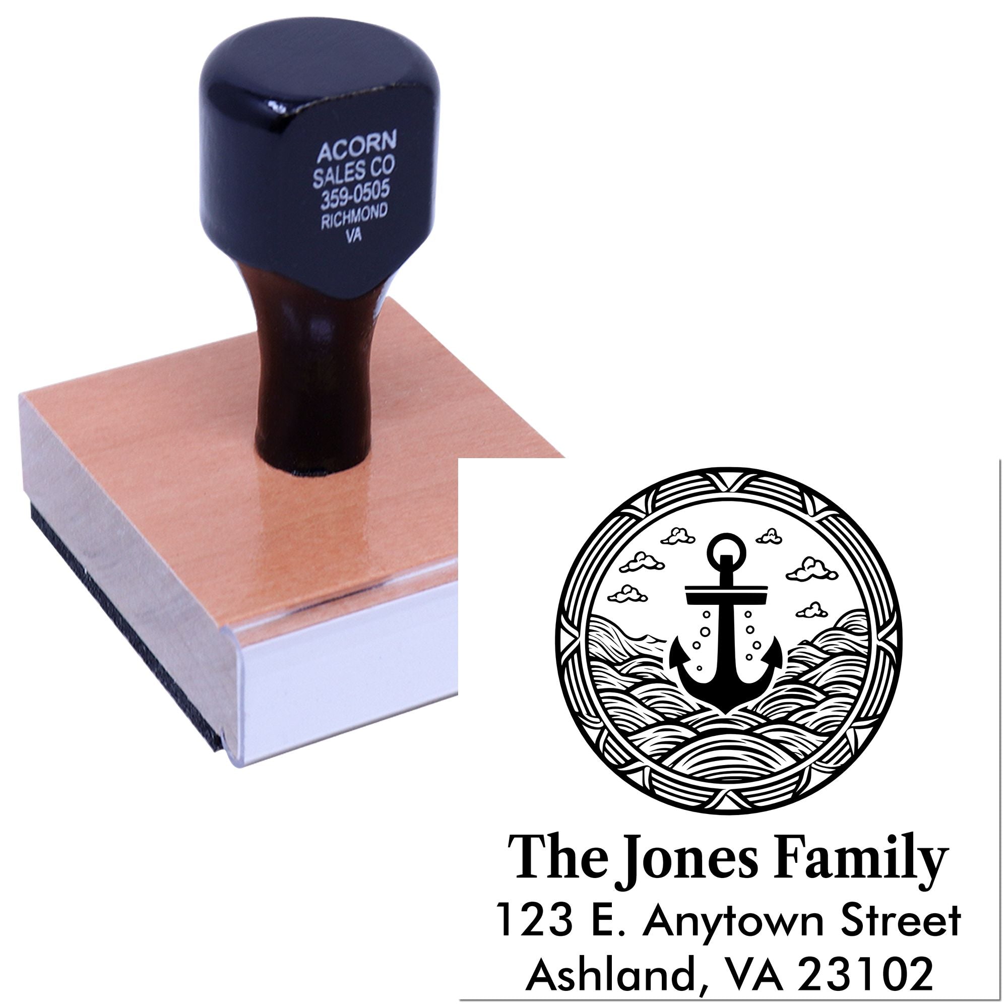 Personalized address rubber stamp with anchor emblem for custom return address on envelopes and mail.