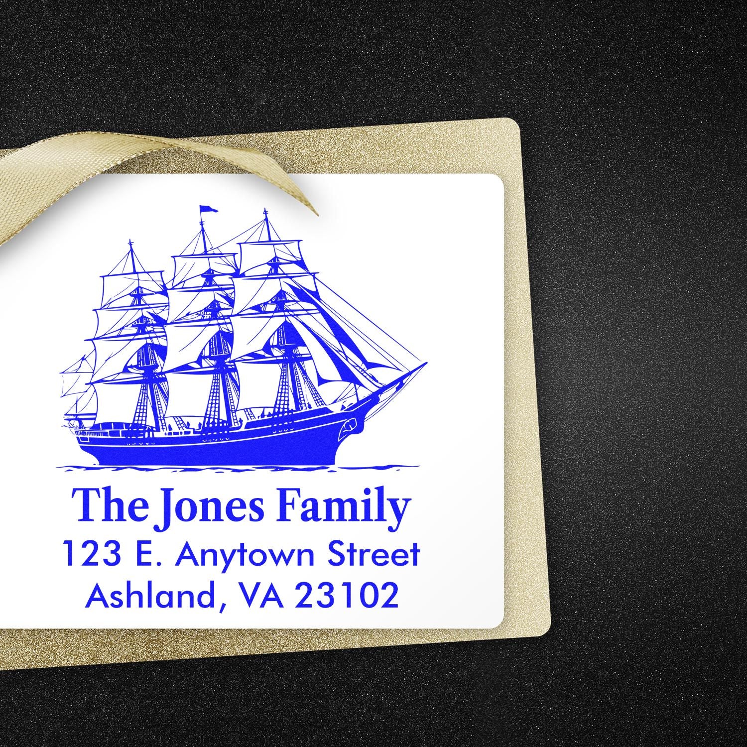 Personalized nautical rubber stamp with sailing ship, The Jones Family return address in Ashland, VA.