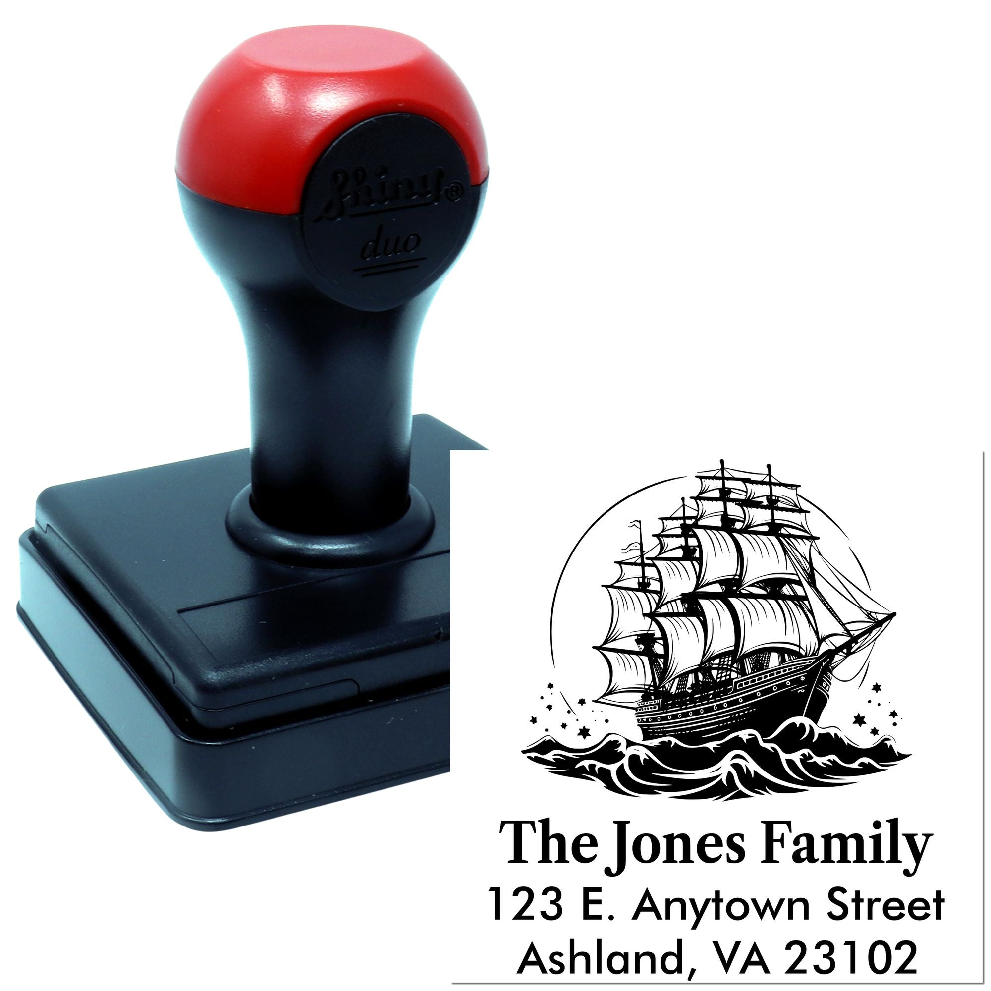 Custom self-inking rubber address stamp with nautical ship design for The Jones Family, Ashland, VA.