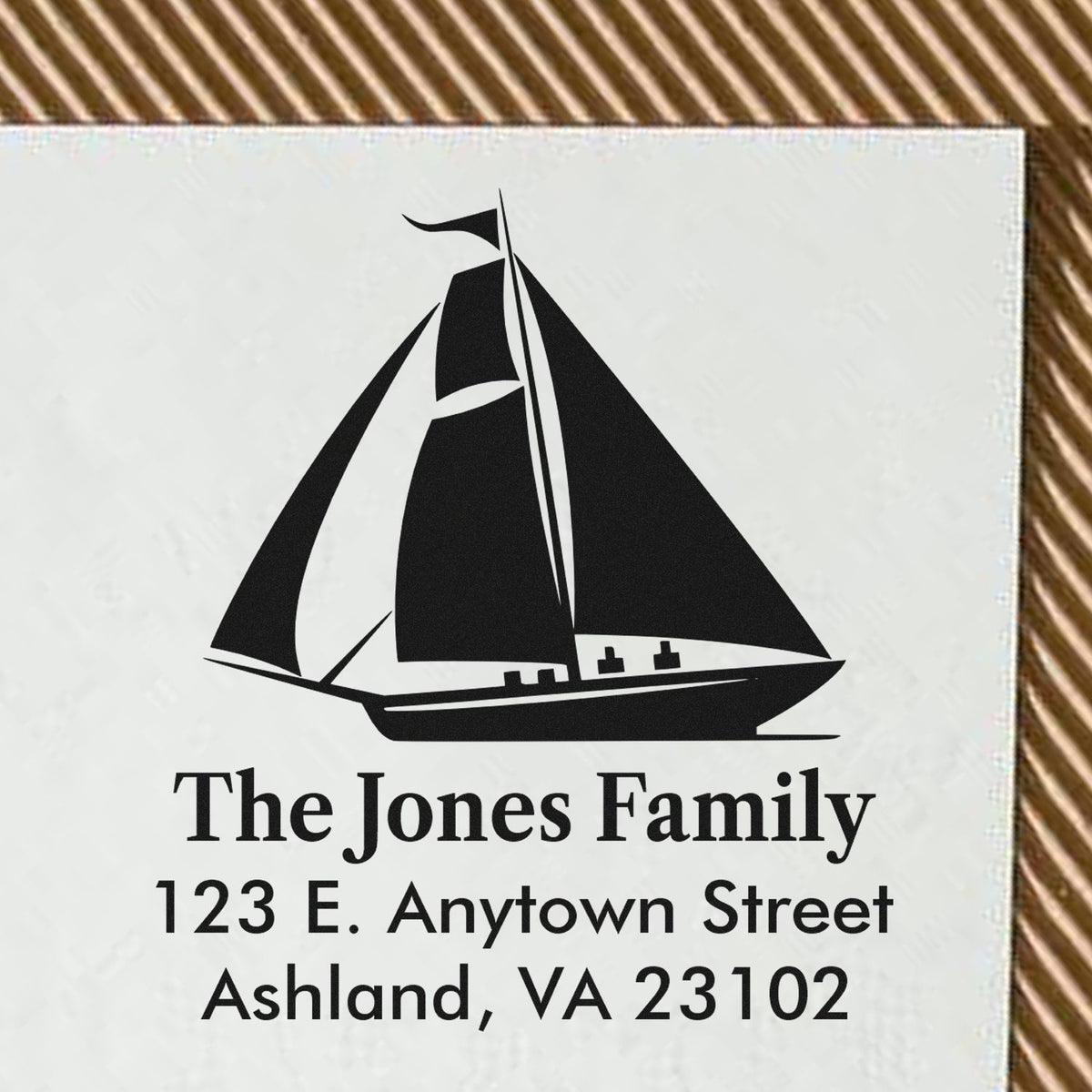 Personalized sailboat return address rubber stamp for The Jones Family, Ashland, VA 23102