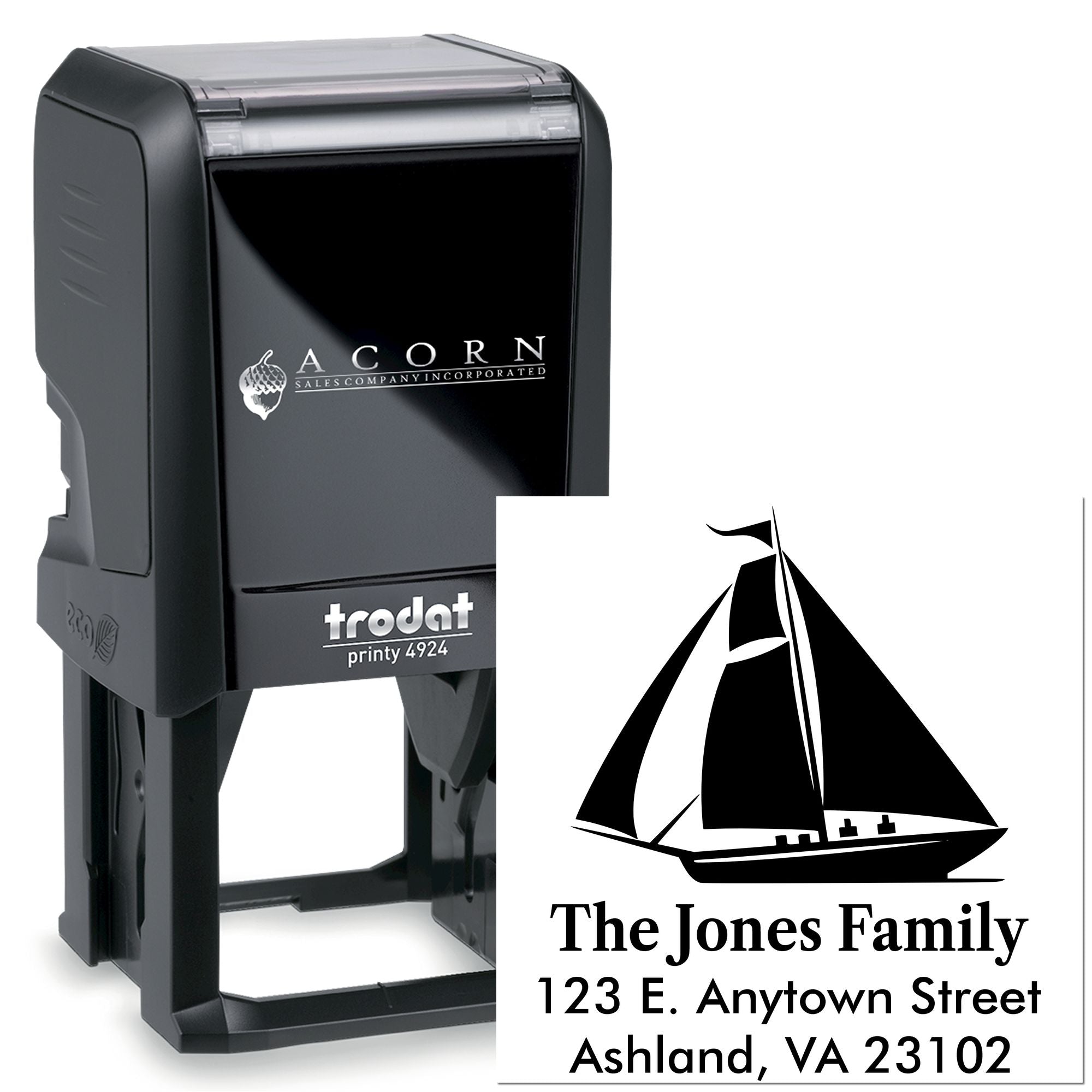 Trodat Printy 4924 custom self-inking rubber stamp with sailboat return address design for personalized family mail.
