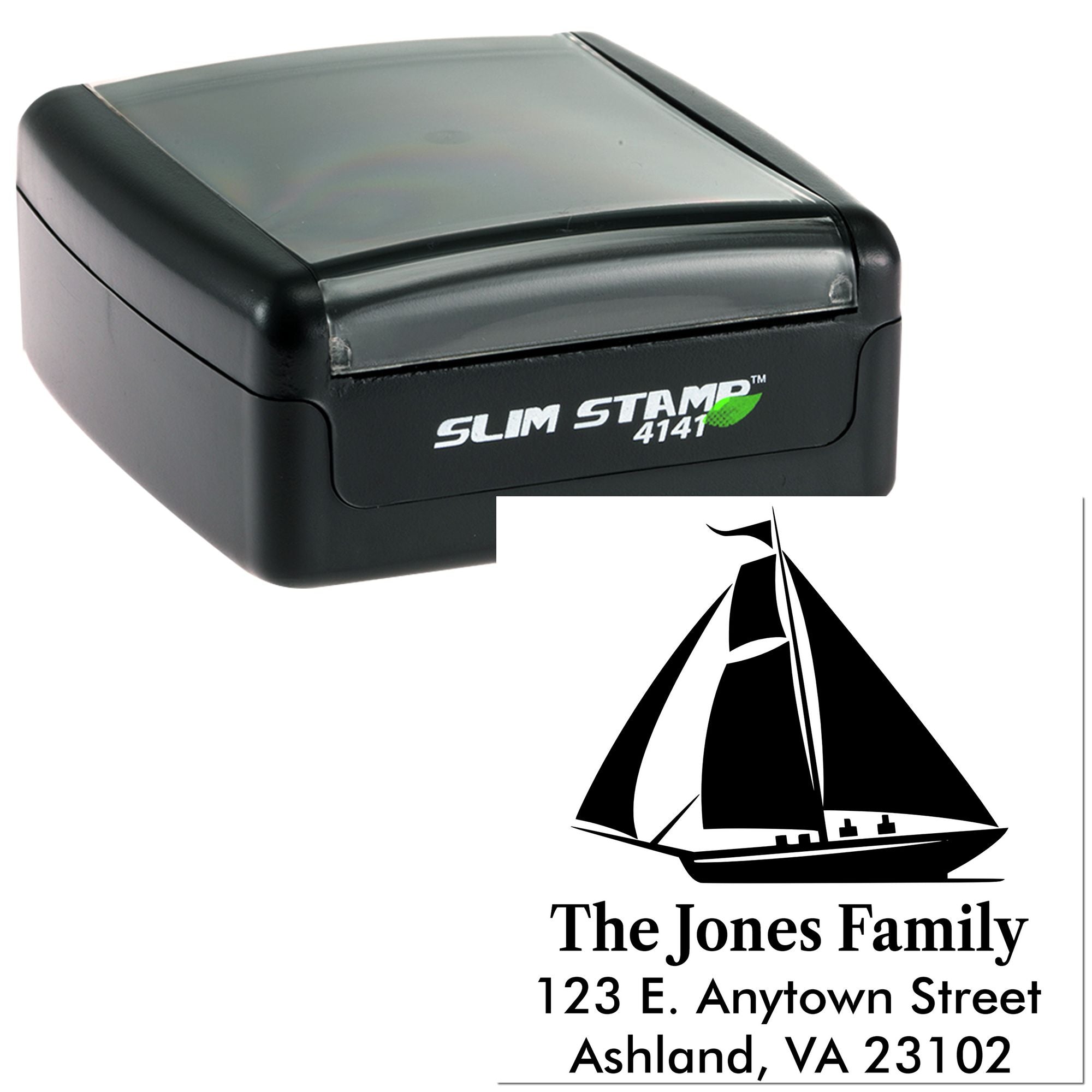 Slim Stamp 4141 custom self-inking address rubber stamp with sailboat logo for The Jones Family, Ashland, VA 23102