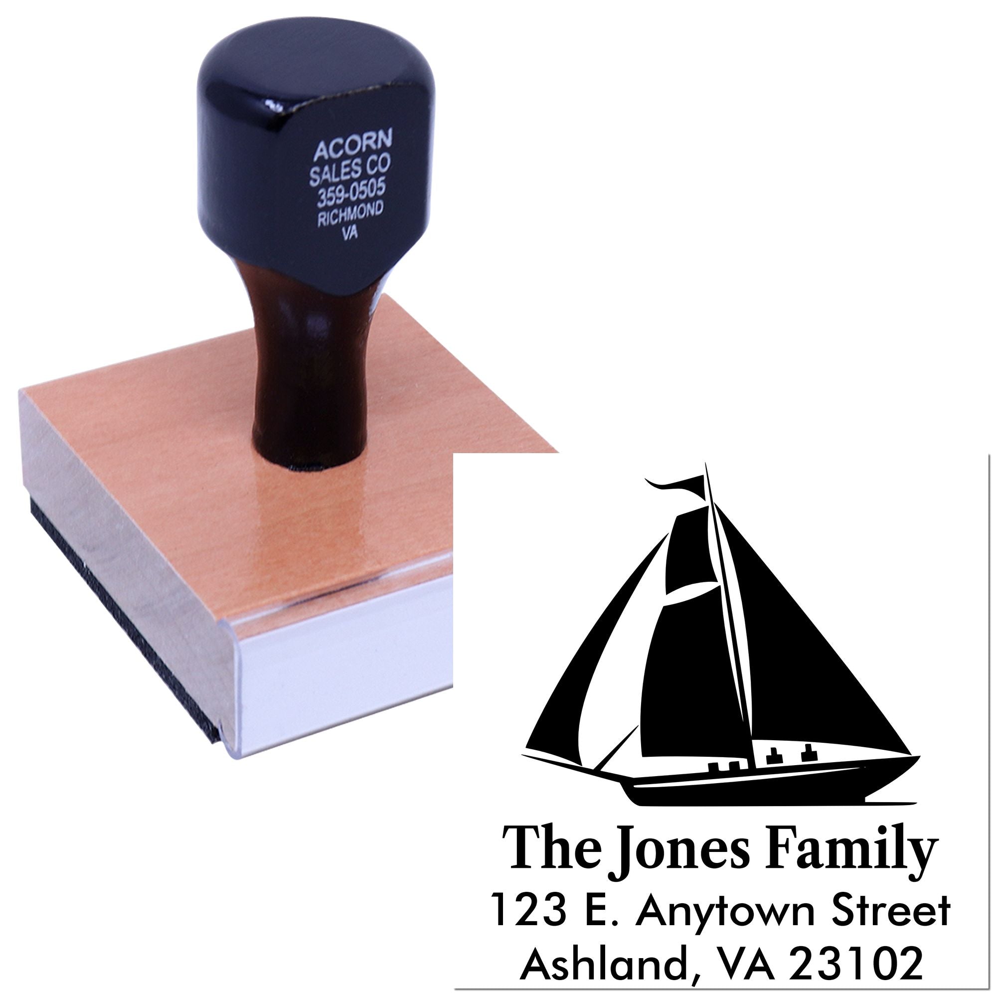 Custom rubber address stamp with sailboat design and family name, showing a personalized return address stamp imprint.
