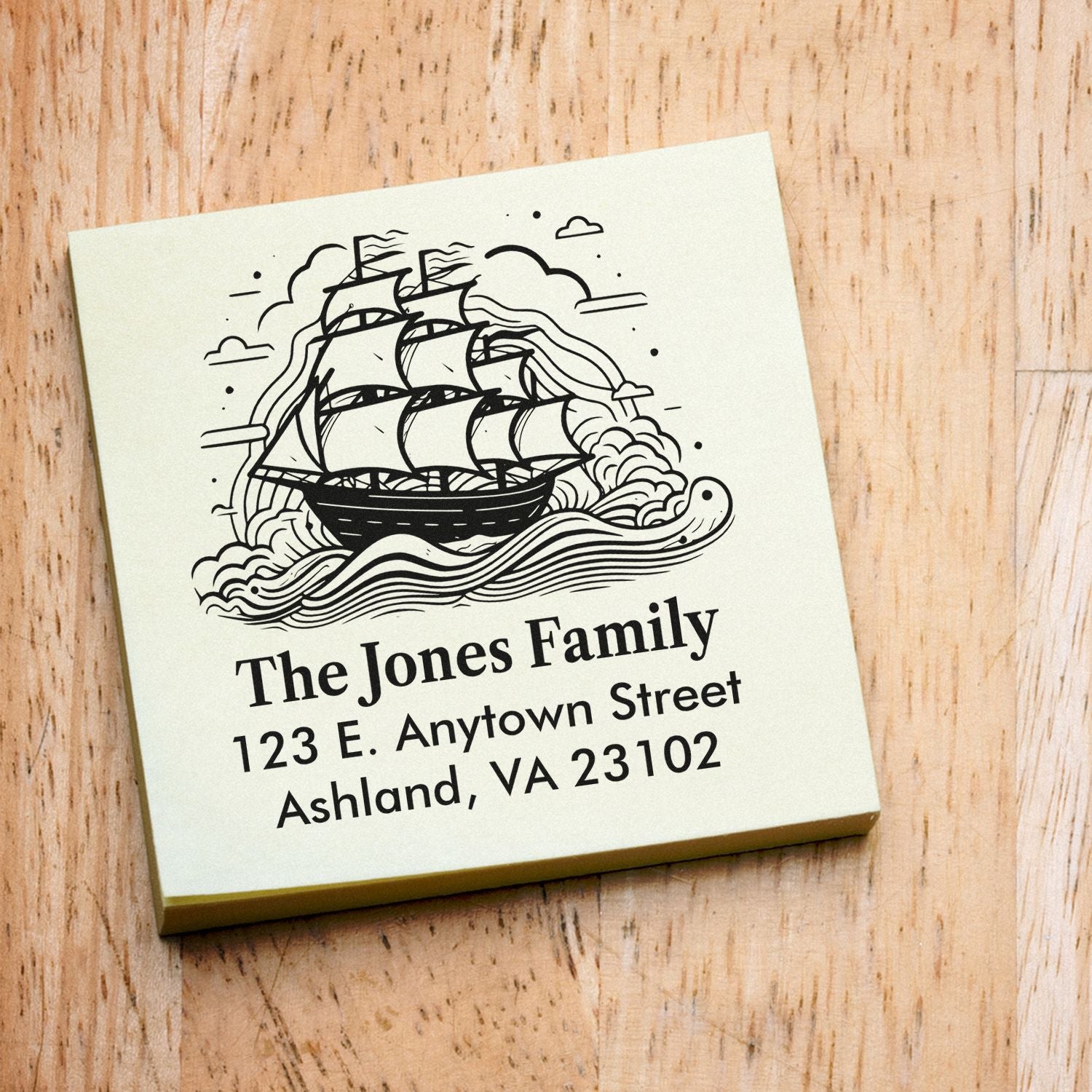 Custom nautical return address rubber stamp with sailing ship design for The Jones Family, Ashland, VA.