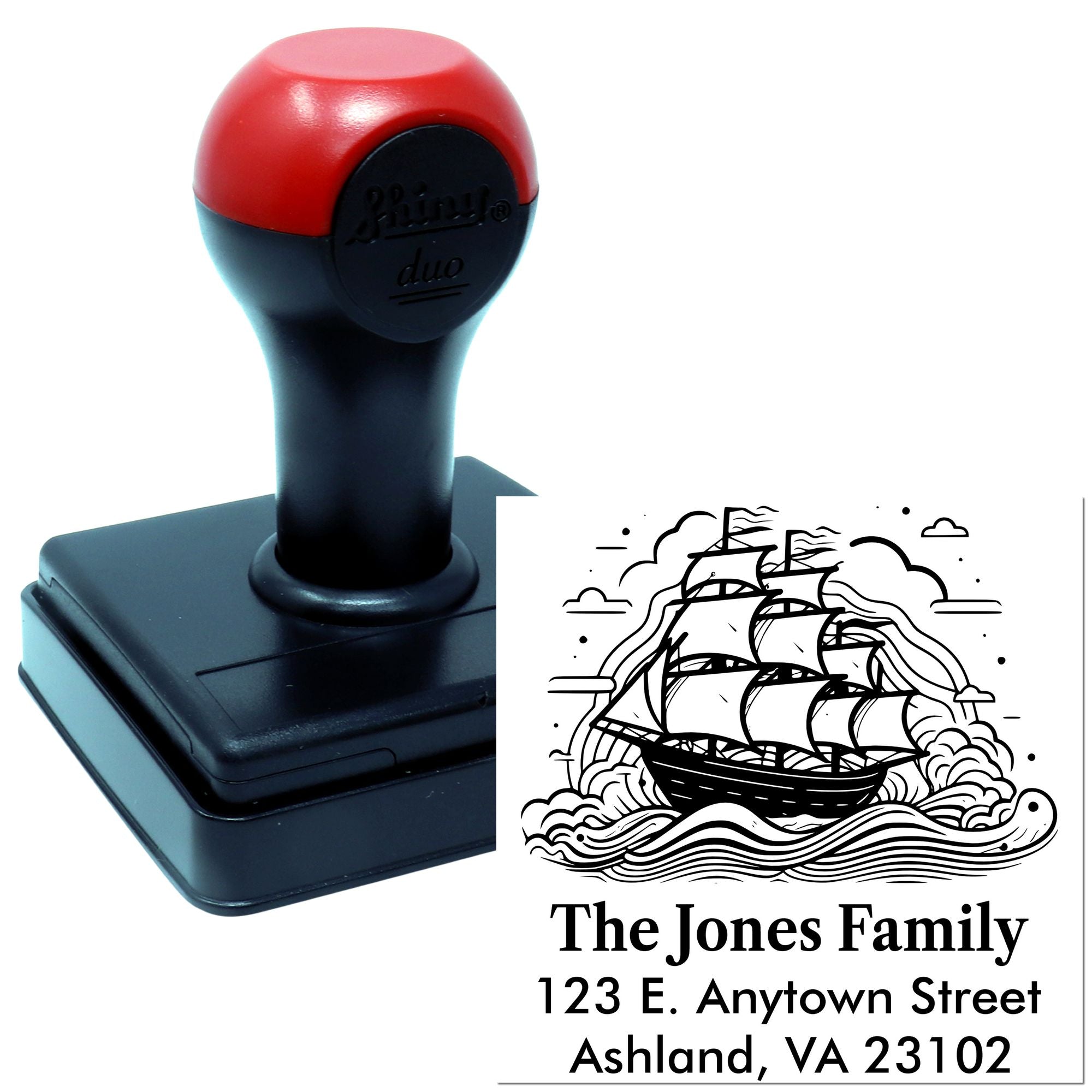 Custom self-inking return address rubber stamp with sailing ship design for personalized family mail and stationery