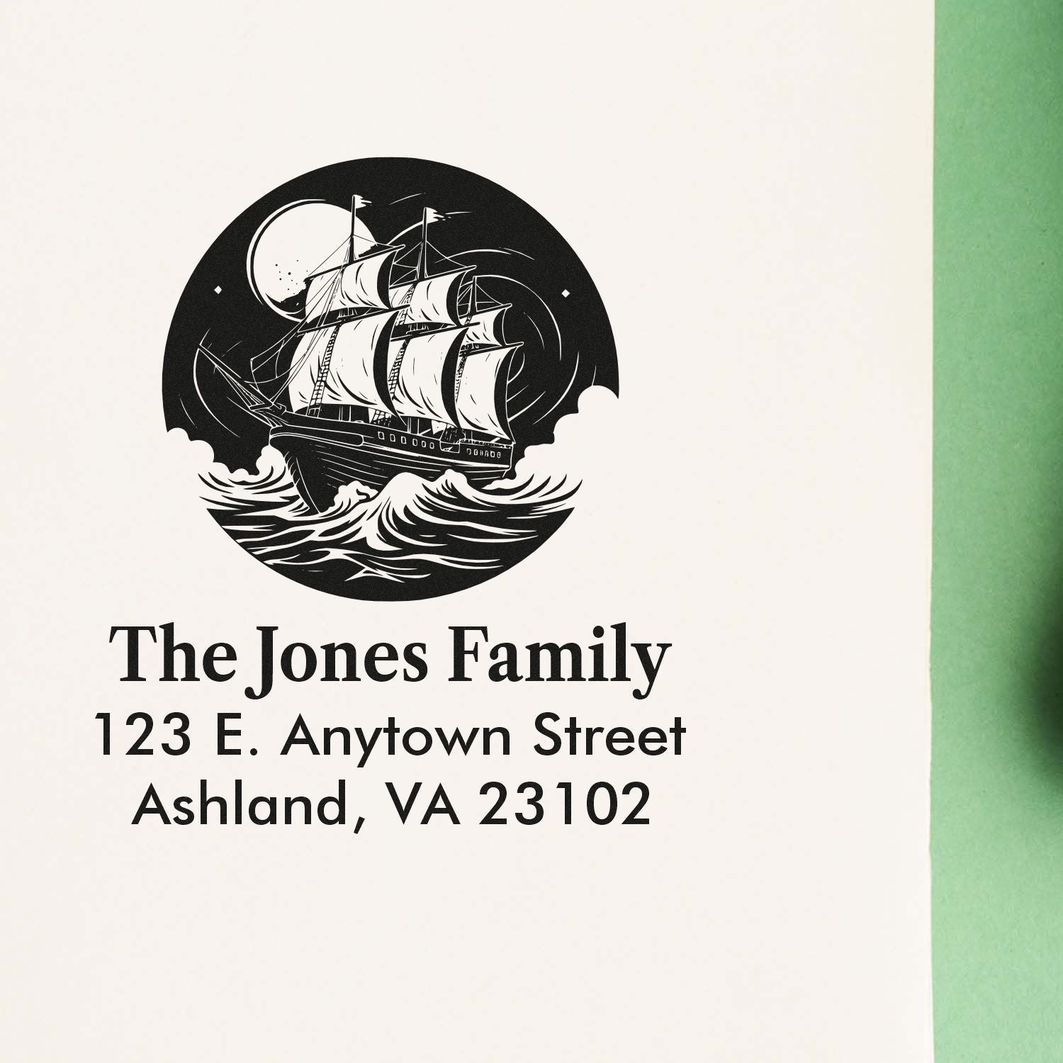 Personalized nautical family return address rubber stamp with sailboat design for custom mailing and stationery.