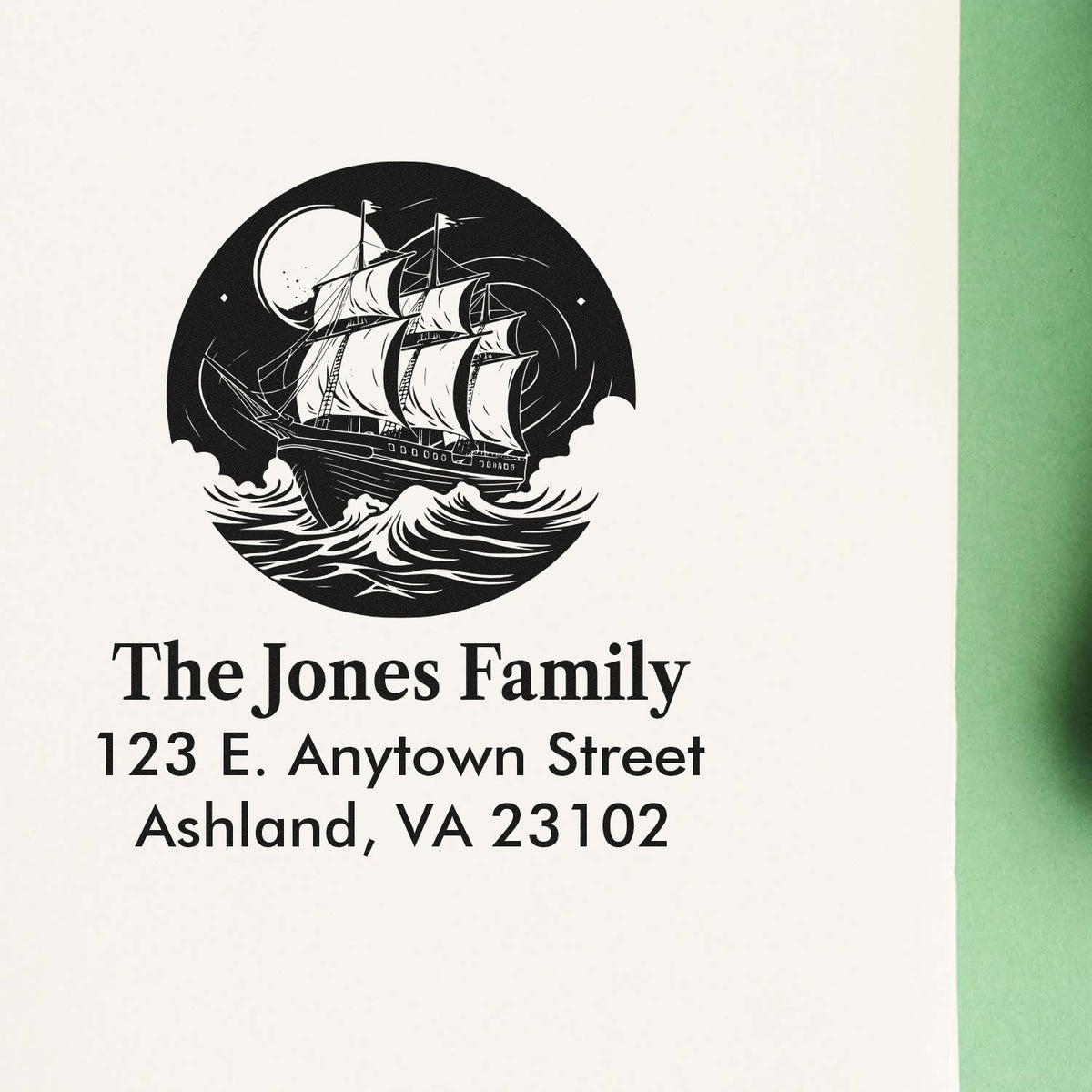 Personalized nautical return address rubber stamp for The Jones Family, Ashland, VA 23102, featuring a ship logo design.