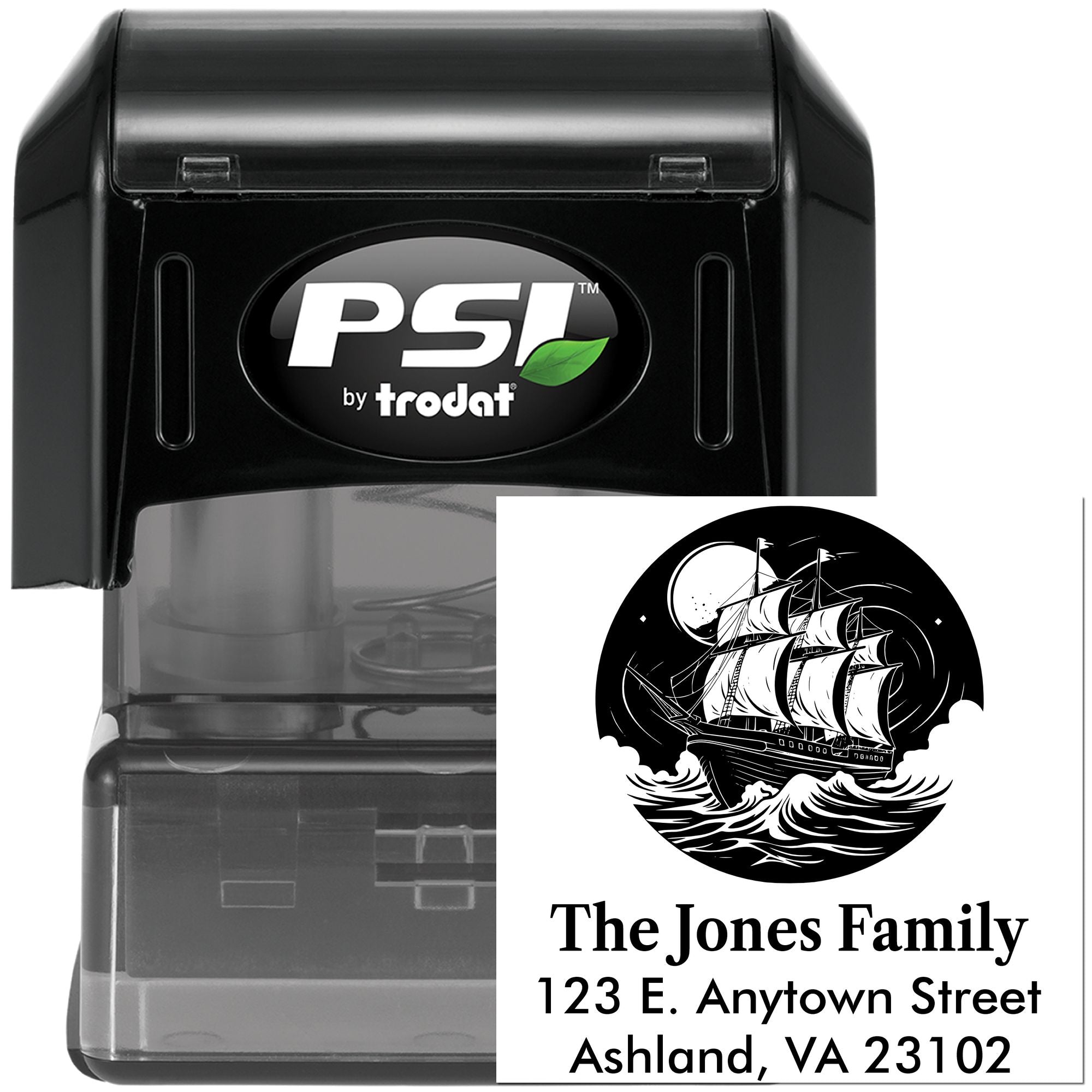 PSI by Trodat custom self-inking address stamp with nautical ship design and family return address imprint.