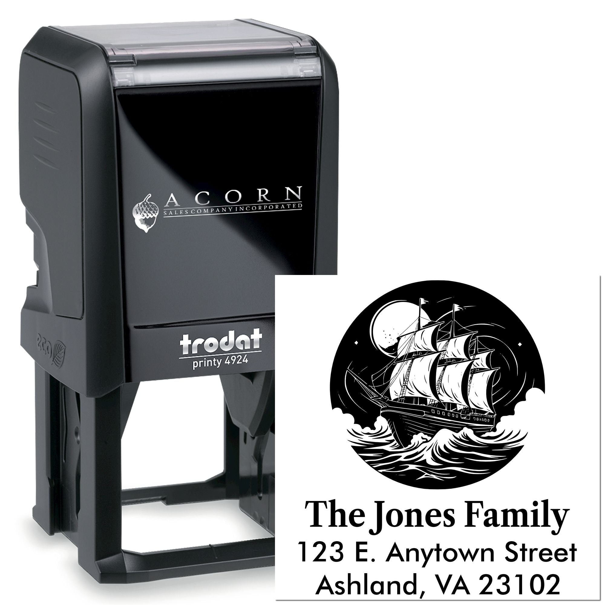 Custom Trodat self-inking rubber address stamp with nautical ship design for The Jones Family, Ashland, VA.