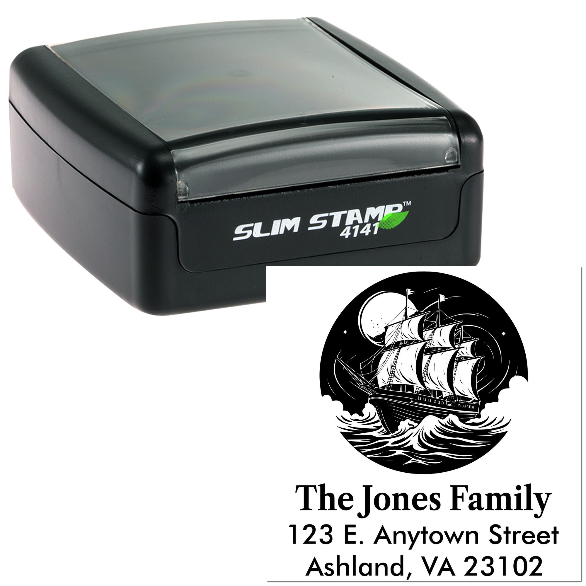 Custom self-inking rubber return address stamp with nautical ship design, shown with personalized imprint and Slim Stamp 4141 case.