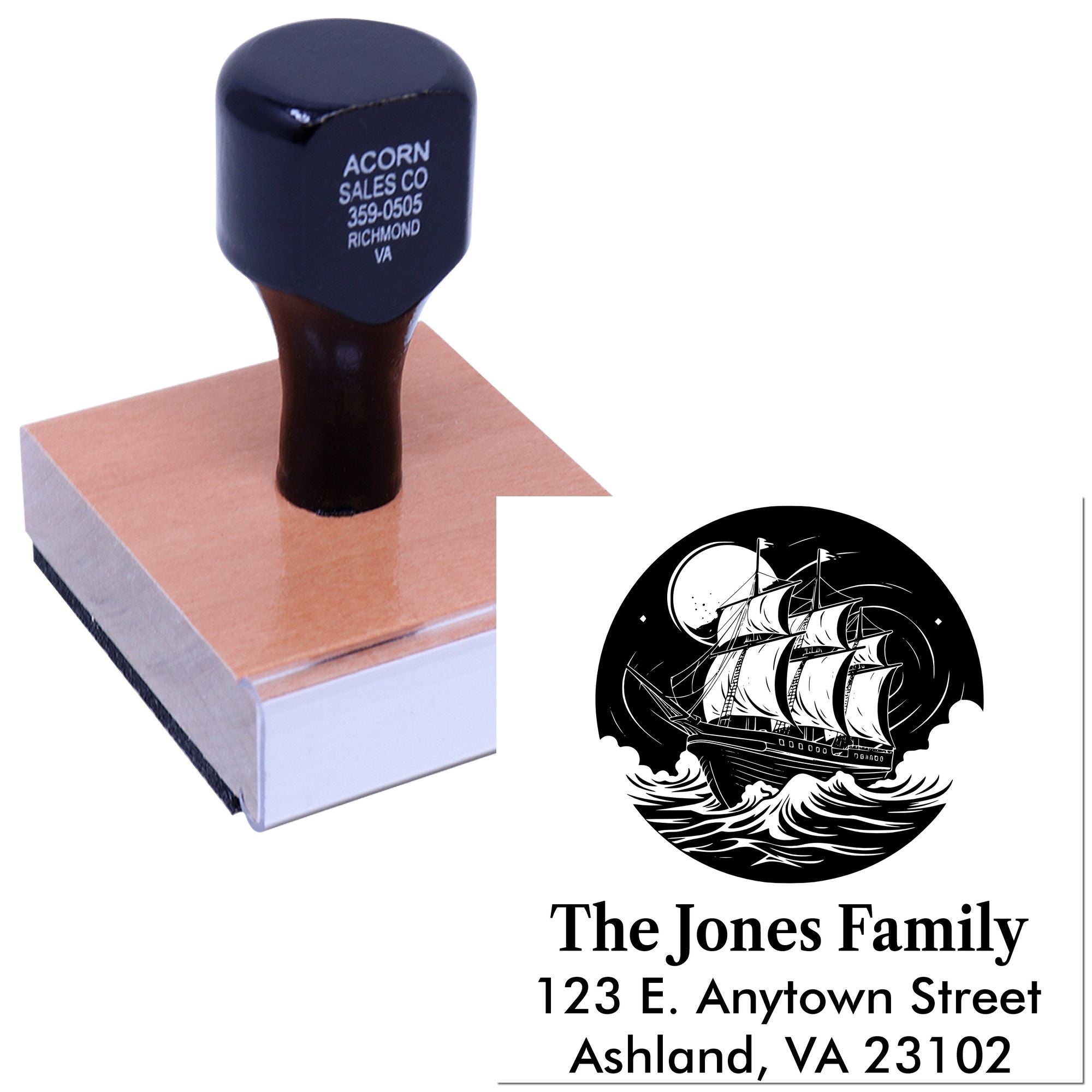 Personalized rubber stamp with custom family ship logo and address for mailing, envelopes, and branding