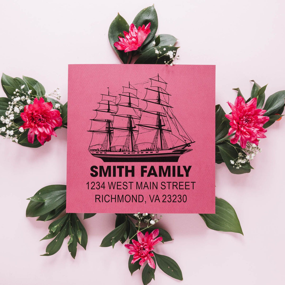 Custom return address rubber stamp with sailing ship design, personalized Smith Family name and Richmond, VA address.
