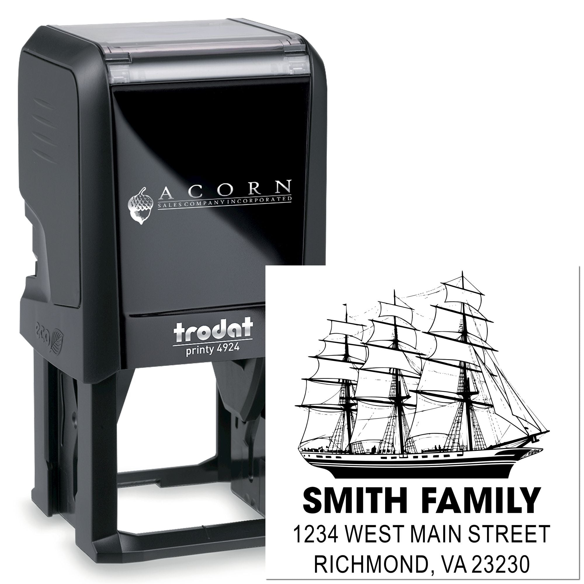 Trodat Printy custom self-inking rubber stamp with sailing ship address design for Smith Family personalized mailings.