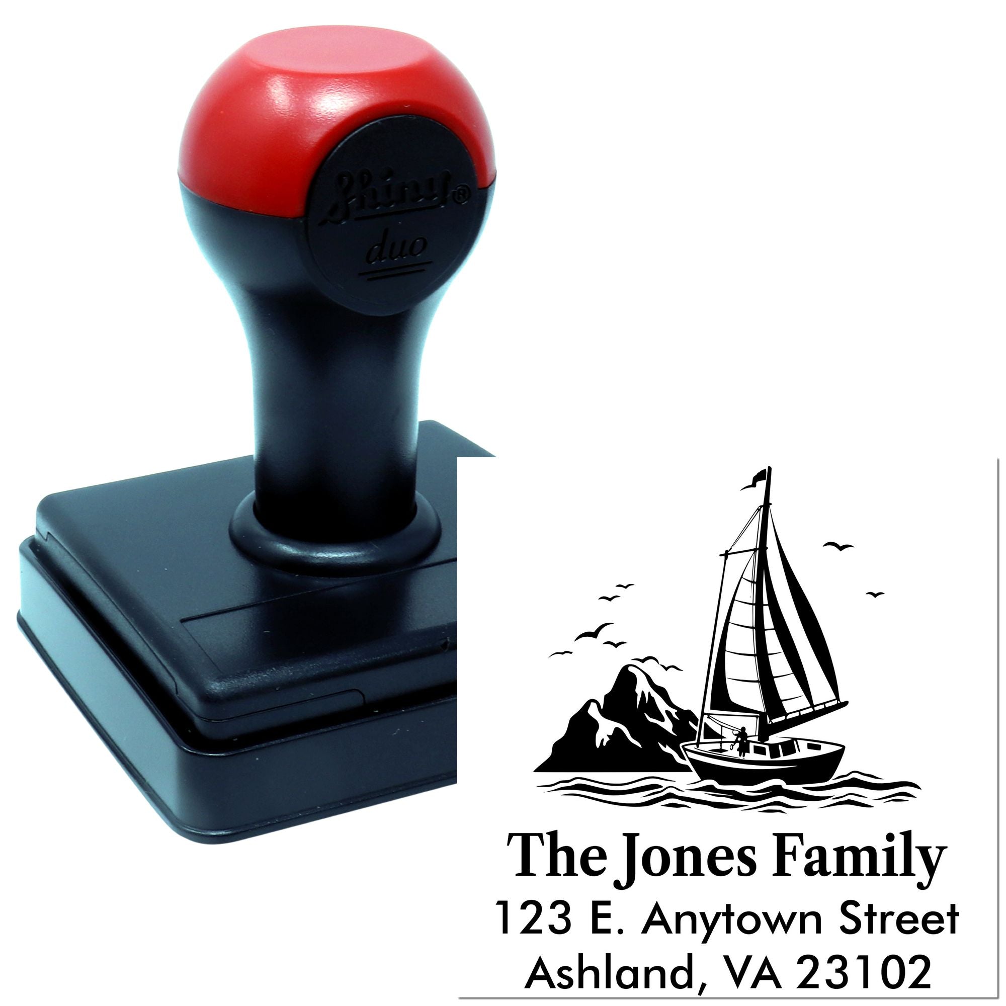 Custom self-inking rubber return address stamp with sailboat design for The Jones Family.