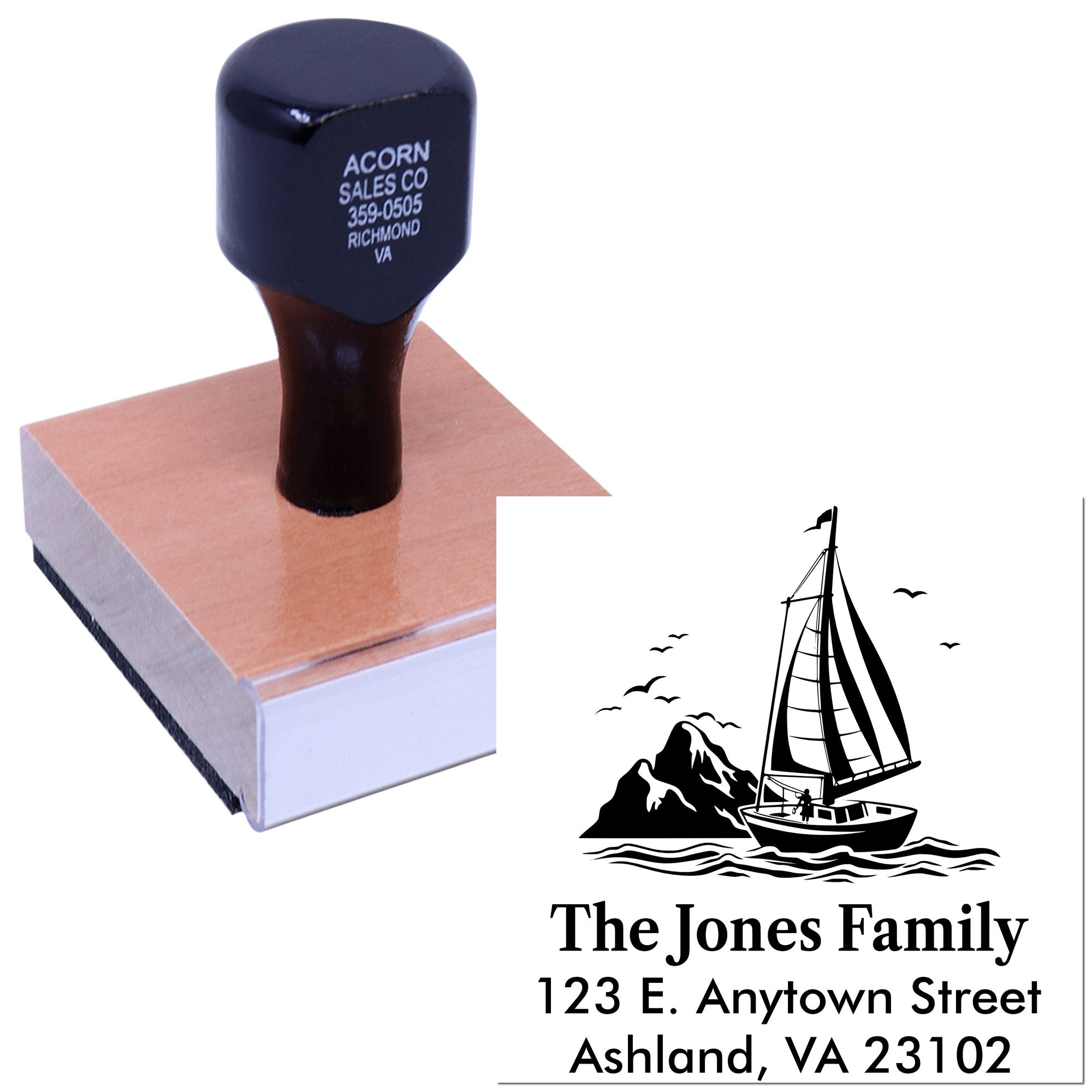 Custom rubber stamp with sailboat family return address design for personalized mailing and stationery
