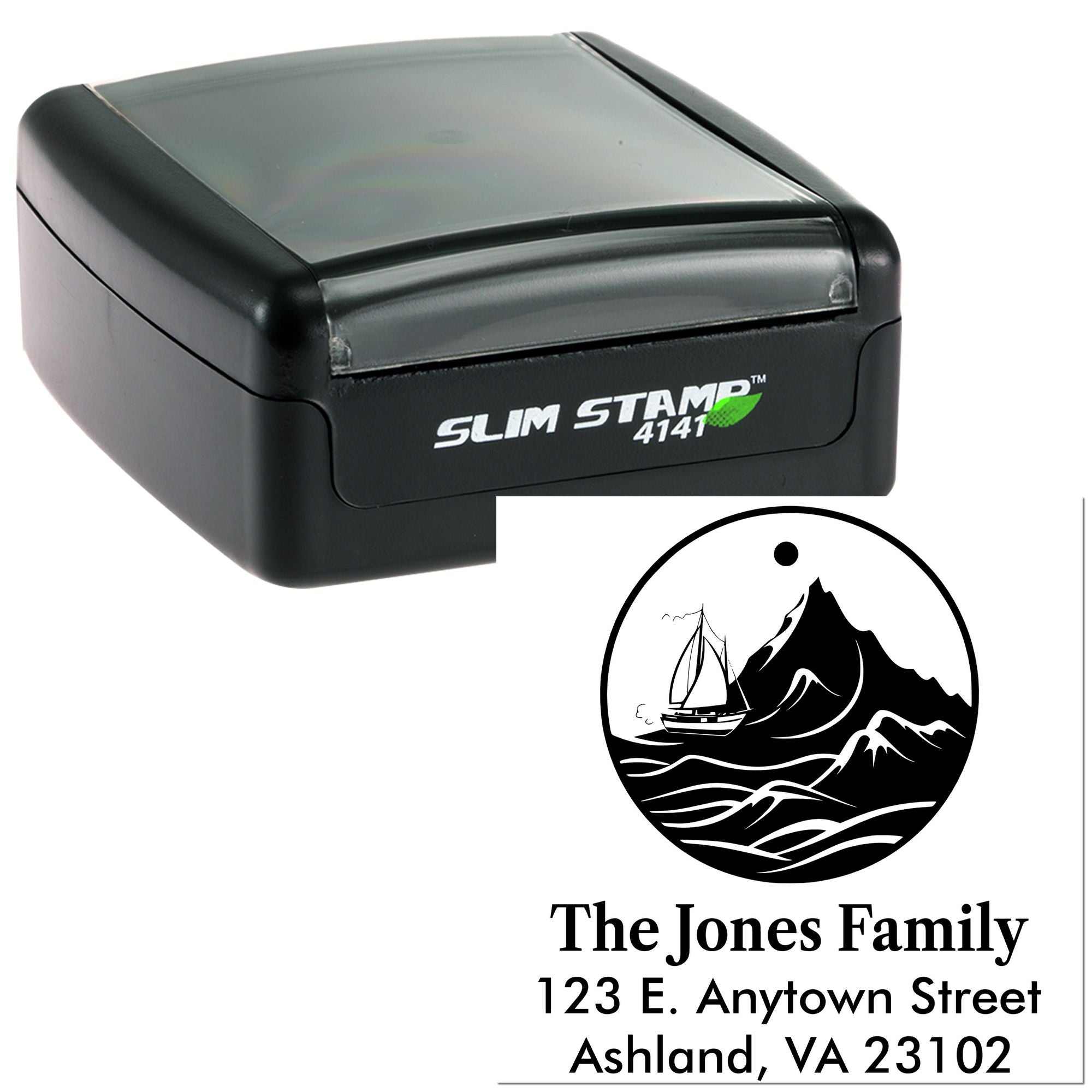 Custom self-inking rubber address stamp with mountain and sailboat design for personalized family mail and stationery