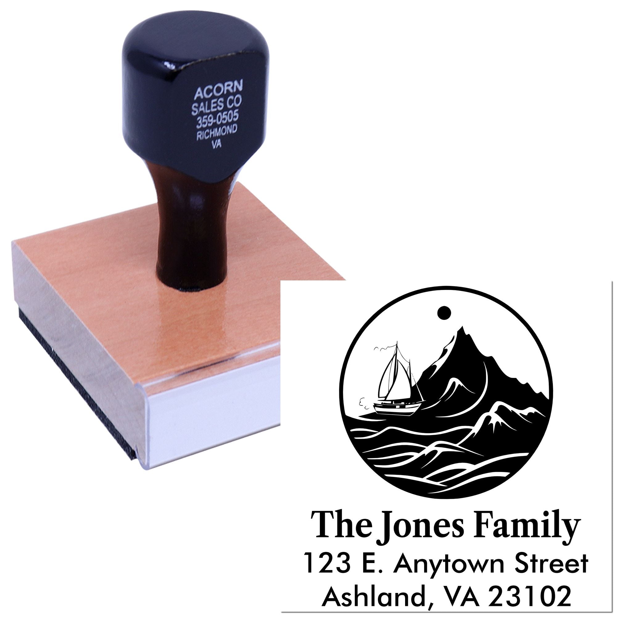 Custom address rubber stamp with family name and logo for personalized mailing, packaging, and return labels.