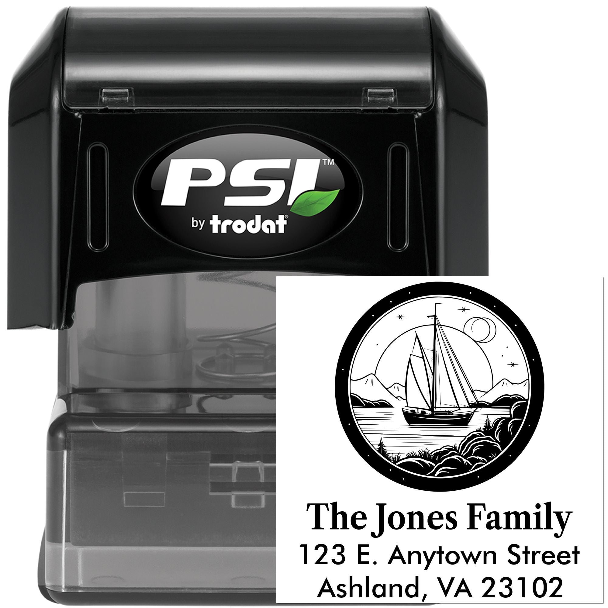 PSI by Trodat self-inking custom address rubber stamp with sailboat family design