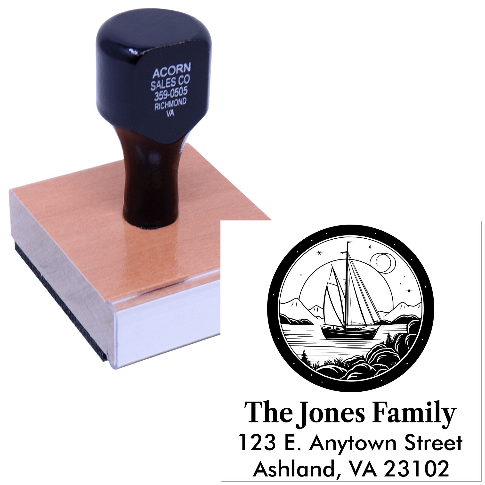 Personalized rubber stamp with sailboat family logo and return address for mailing, stationery, and home use.