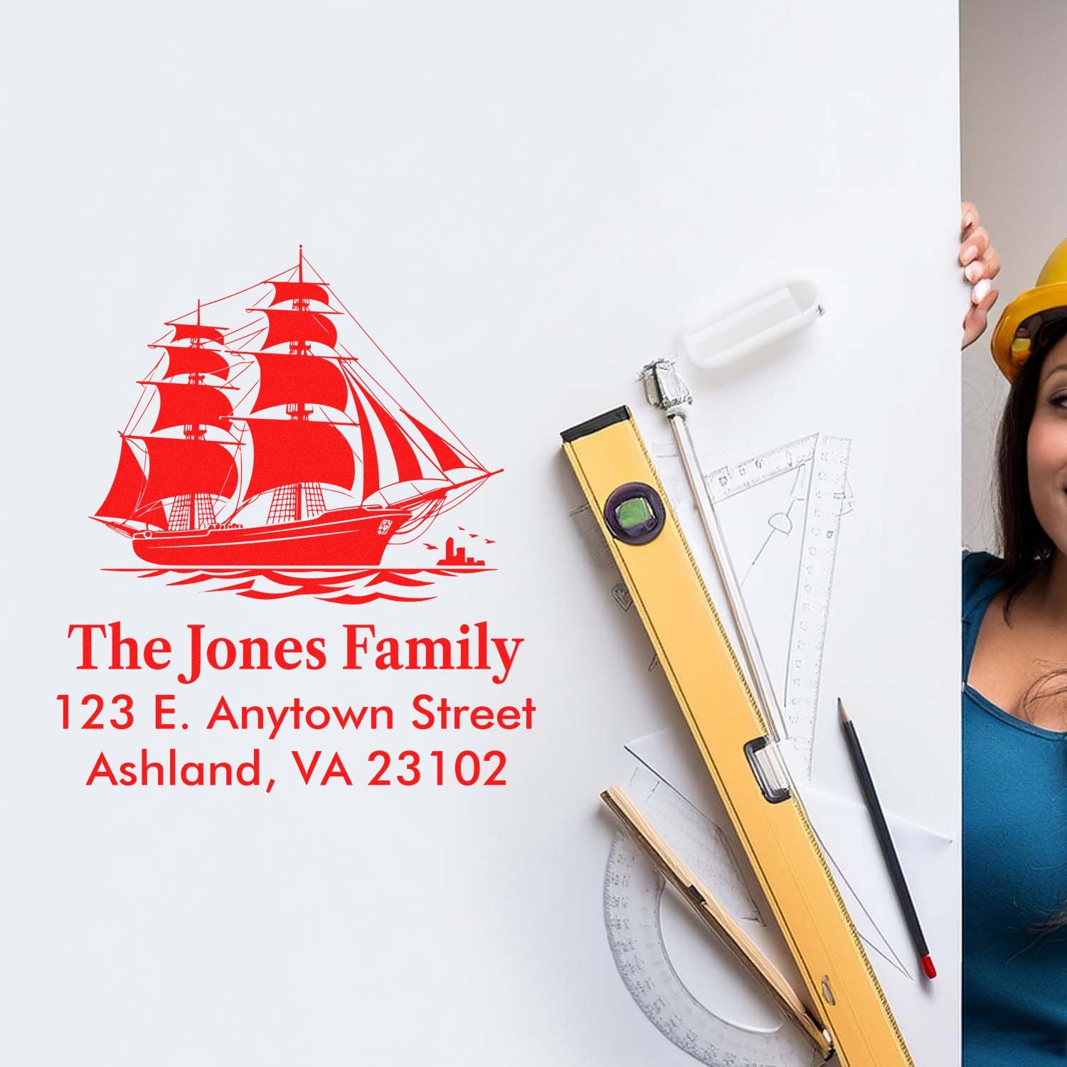 Custom rubber stamp for The Jones Family with ship logo and return address, ideal for mailing envelopes.