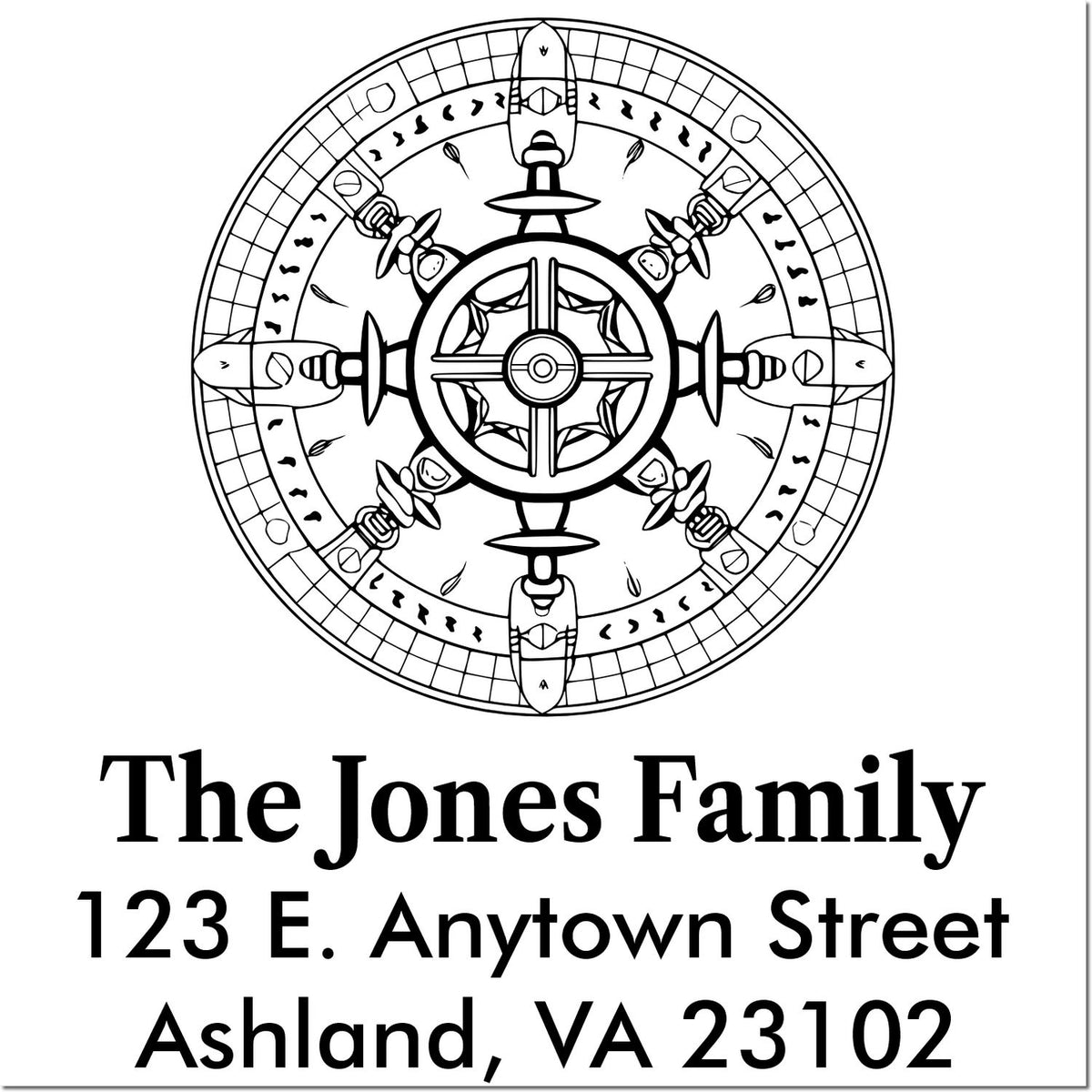 Personalized family address rubber stamp with nautical emblem and return address for The Jones Family, Ashland, VA 23102.