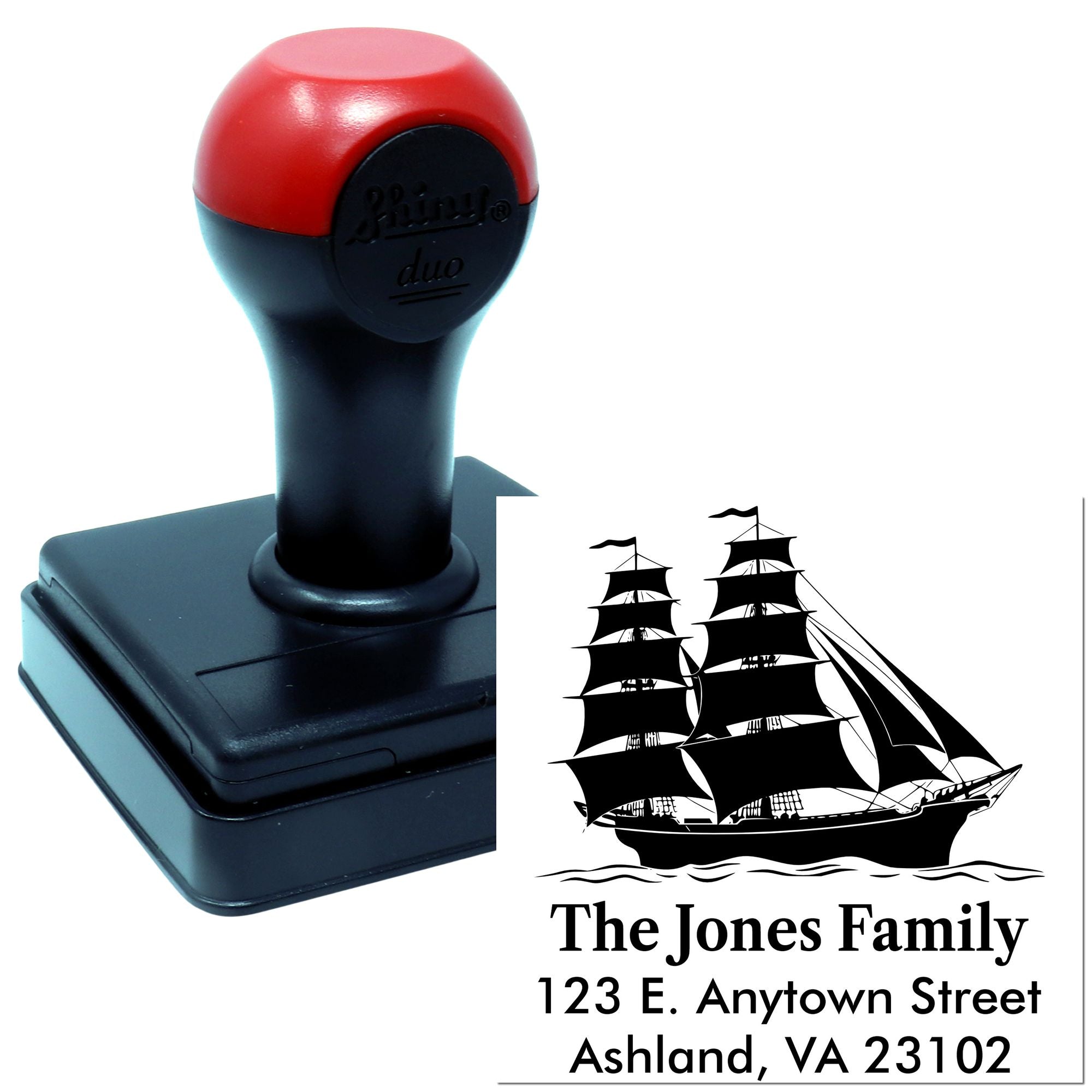 Custom self-inking rubber stamp with nautical ship return address design for personalized family mail.