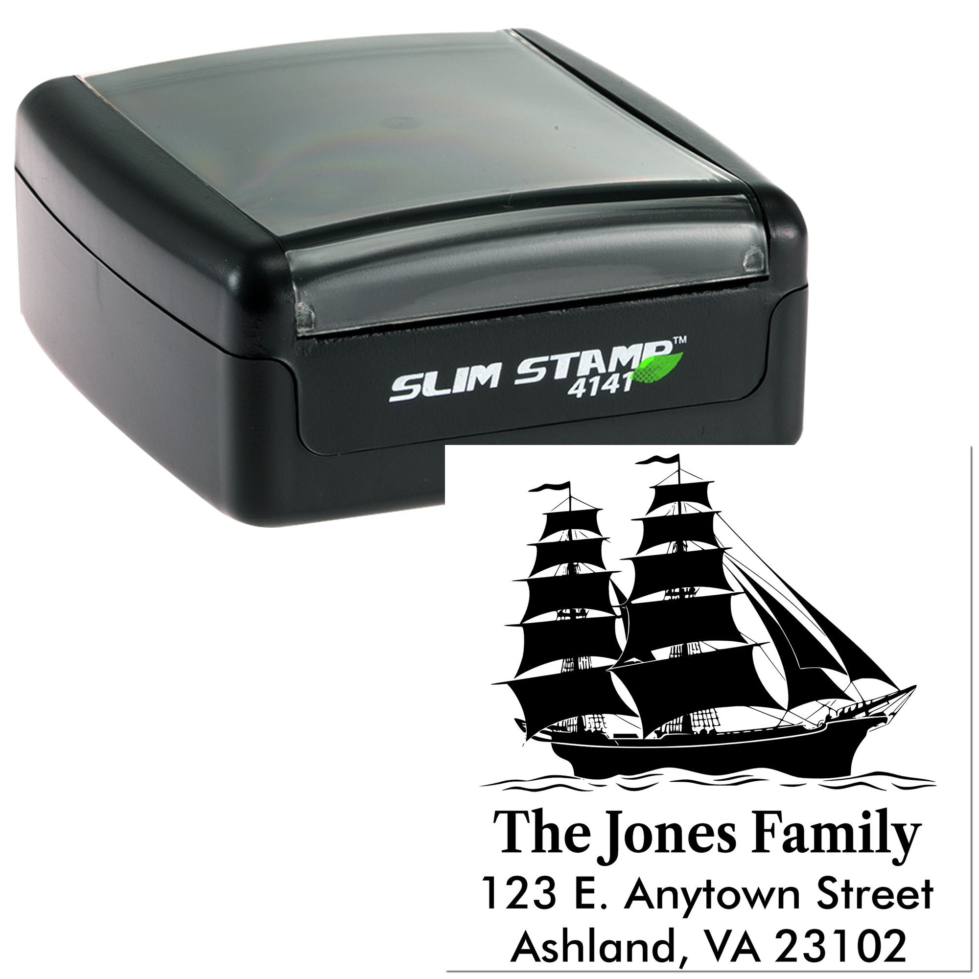 Custom self-inking rubber stamp with ship design and personalized return address for The Jones Family.
