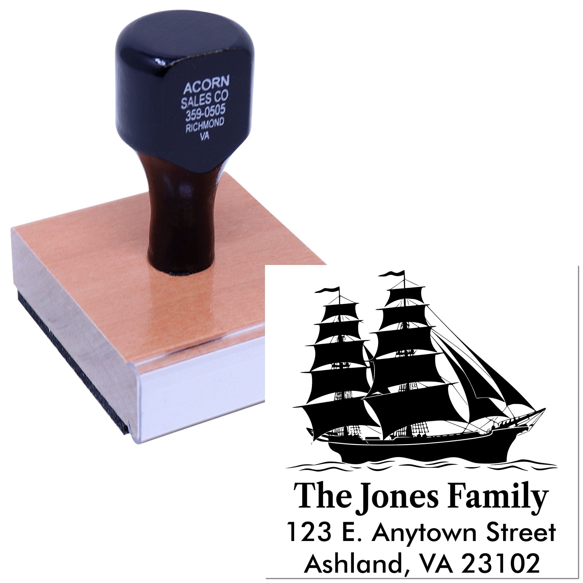Custom rubber stamp with ship logo and family return address for personalized mailing and branding.