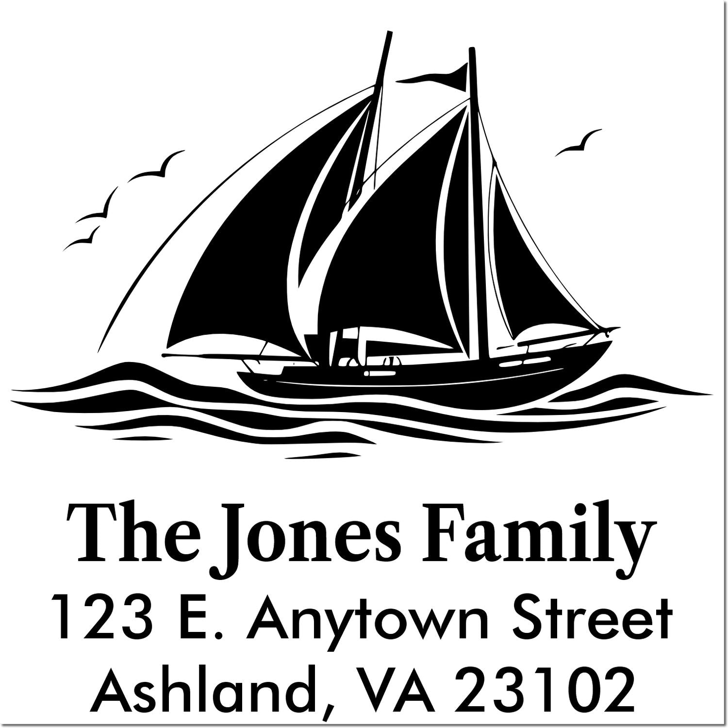 Personalized sailboat return address rubber stamp with The Jones Family and Ashland, VA 23102.