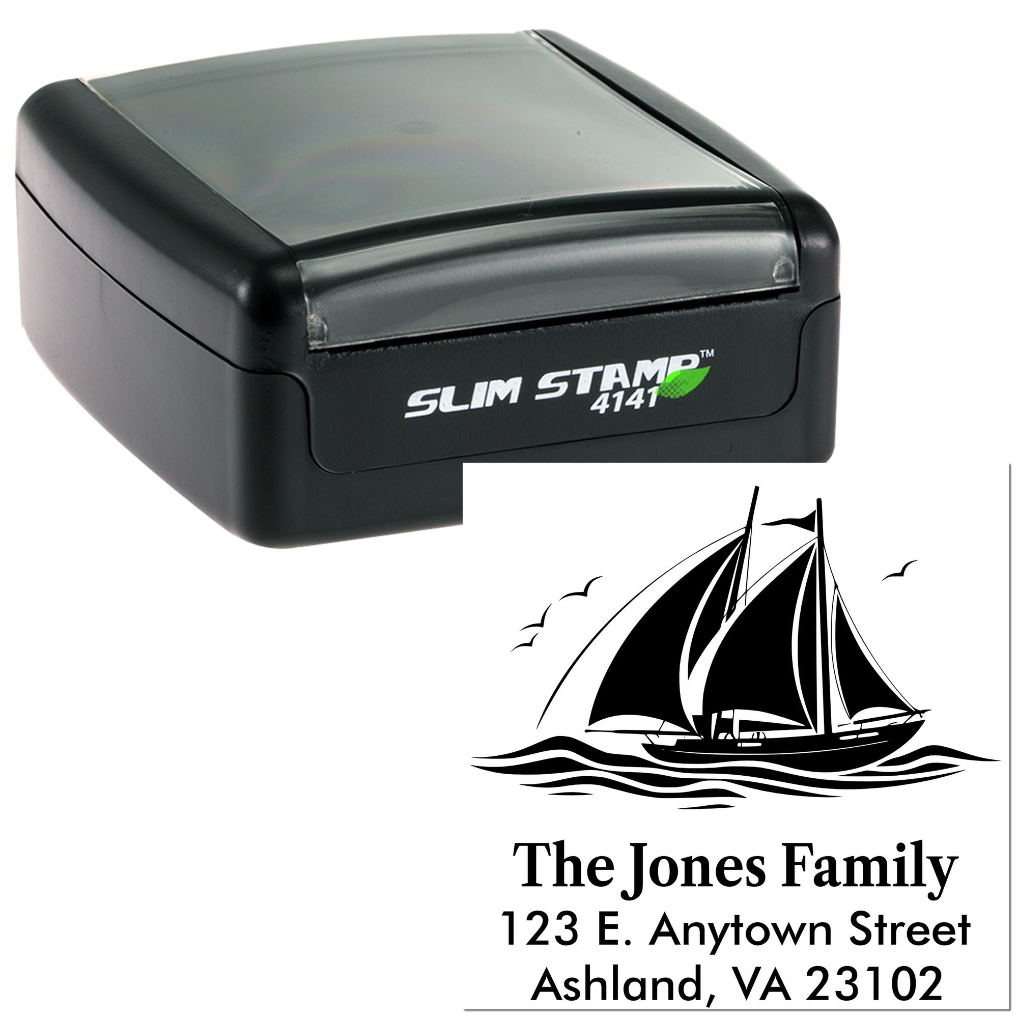 Custom self-inking rubber address stamp with sailboat design, family name, and mailing address in Slim Stamp case.