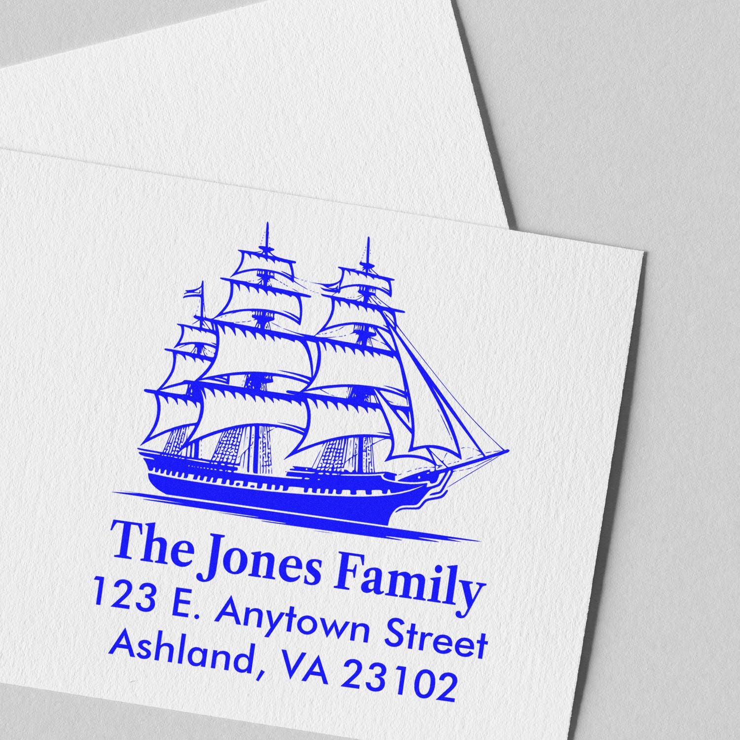 Personalized return address rubber stamp with sailing ship design for The Jones Family, Ashland, VA 23102