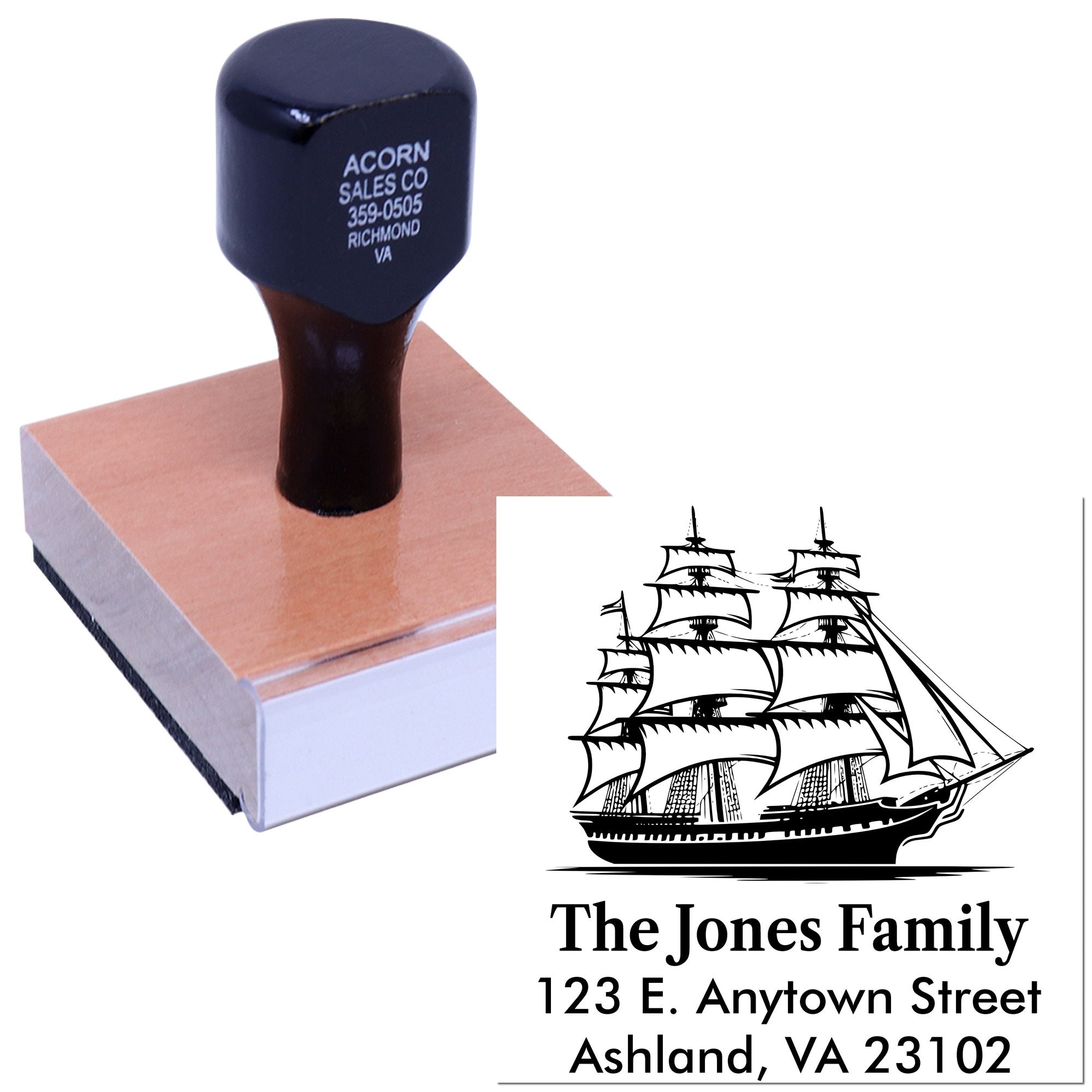 Personalized family address rubber stamp with sailboat logo for custom mailing, wedding invitations, and return addresses.