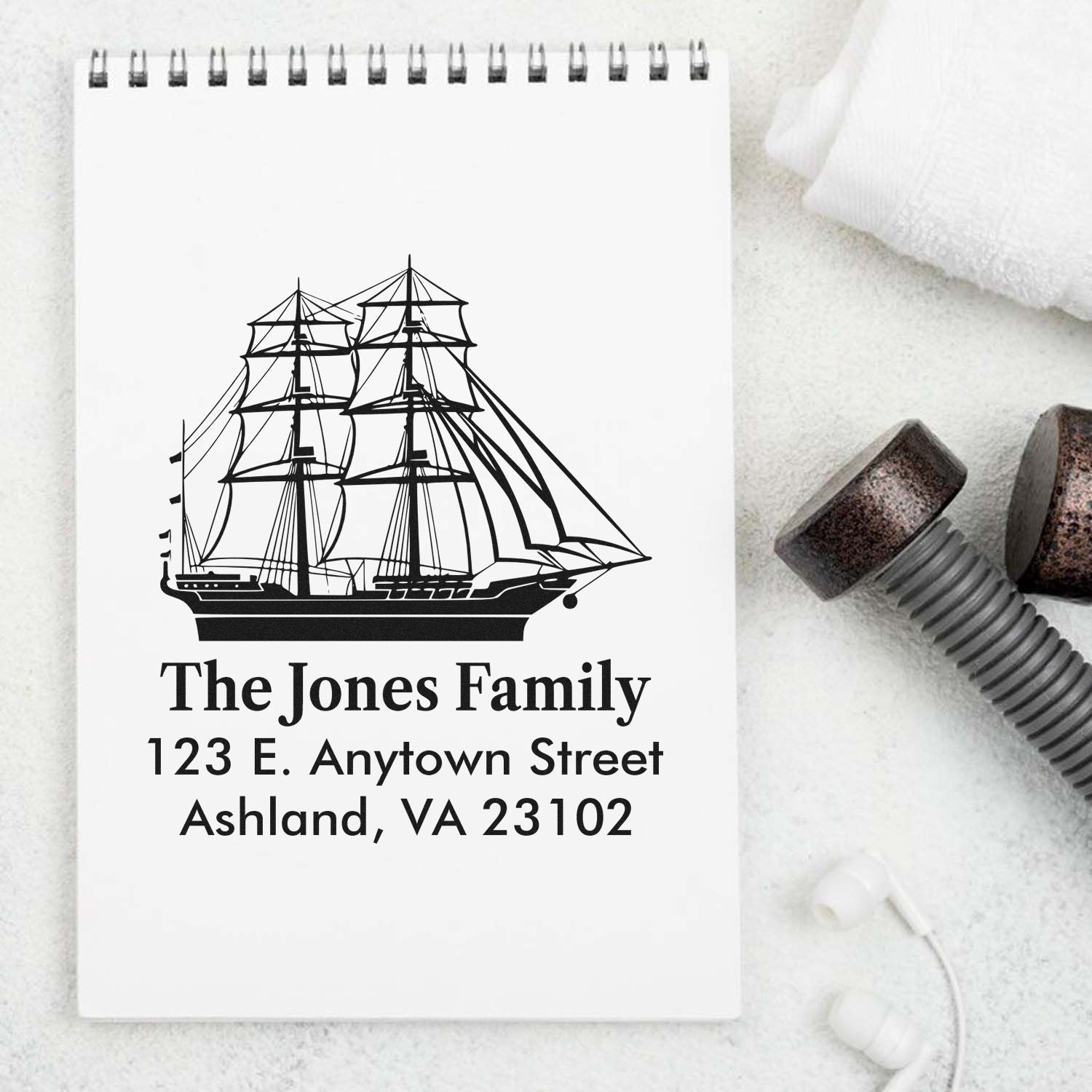 Custom family address rubber stamp with tall ship design for personalized mailing, featuring The Jones Family and Ashland, VA address.