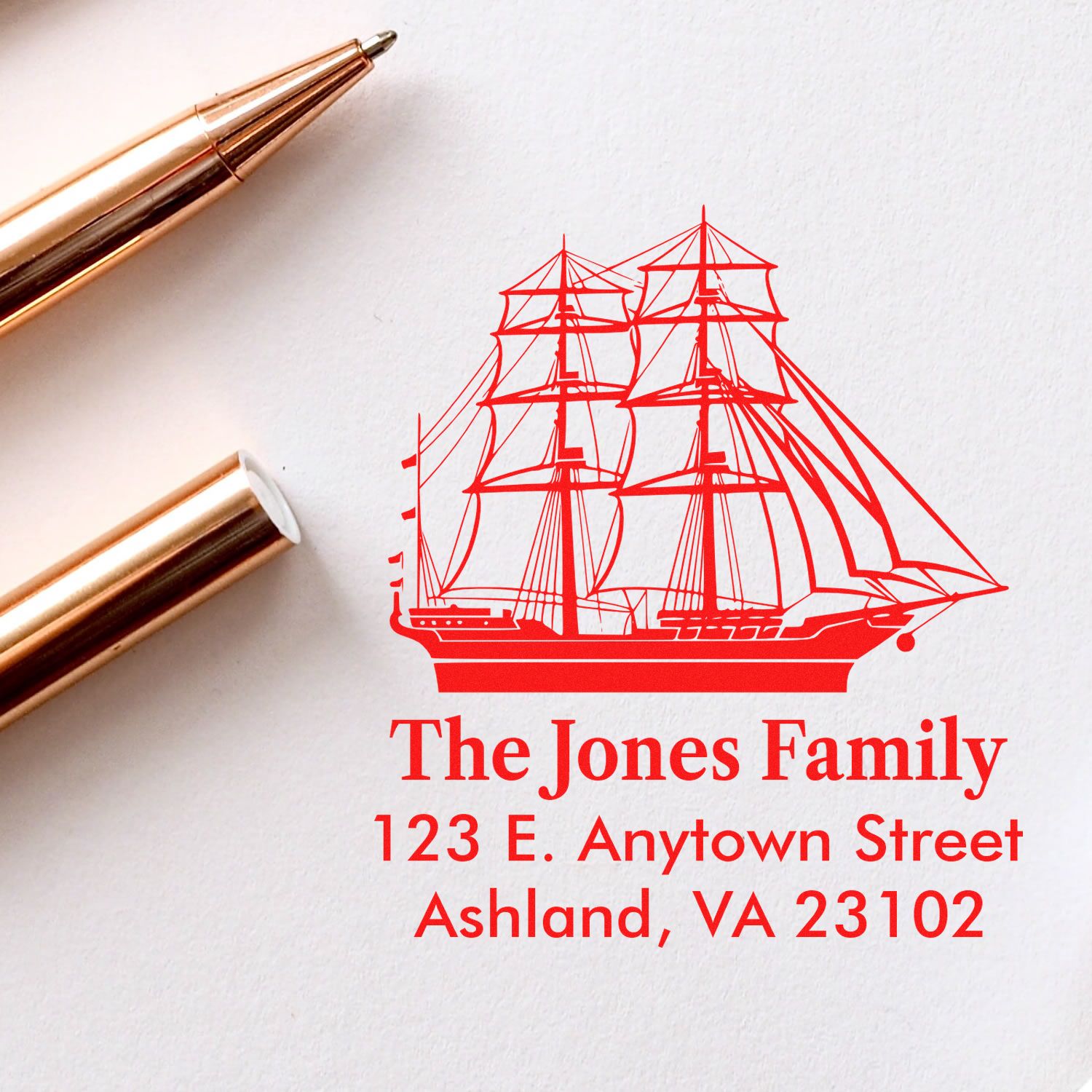 Custom family address rubber stamp with tall ship design for The Jones Family, Ashland, VA.