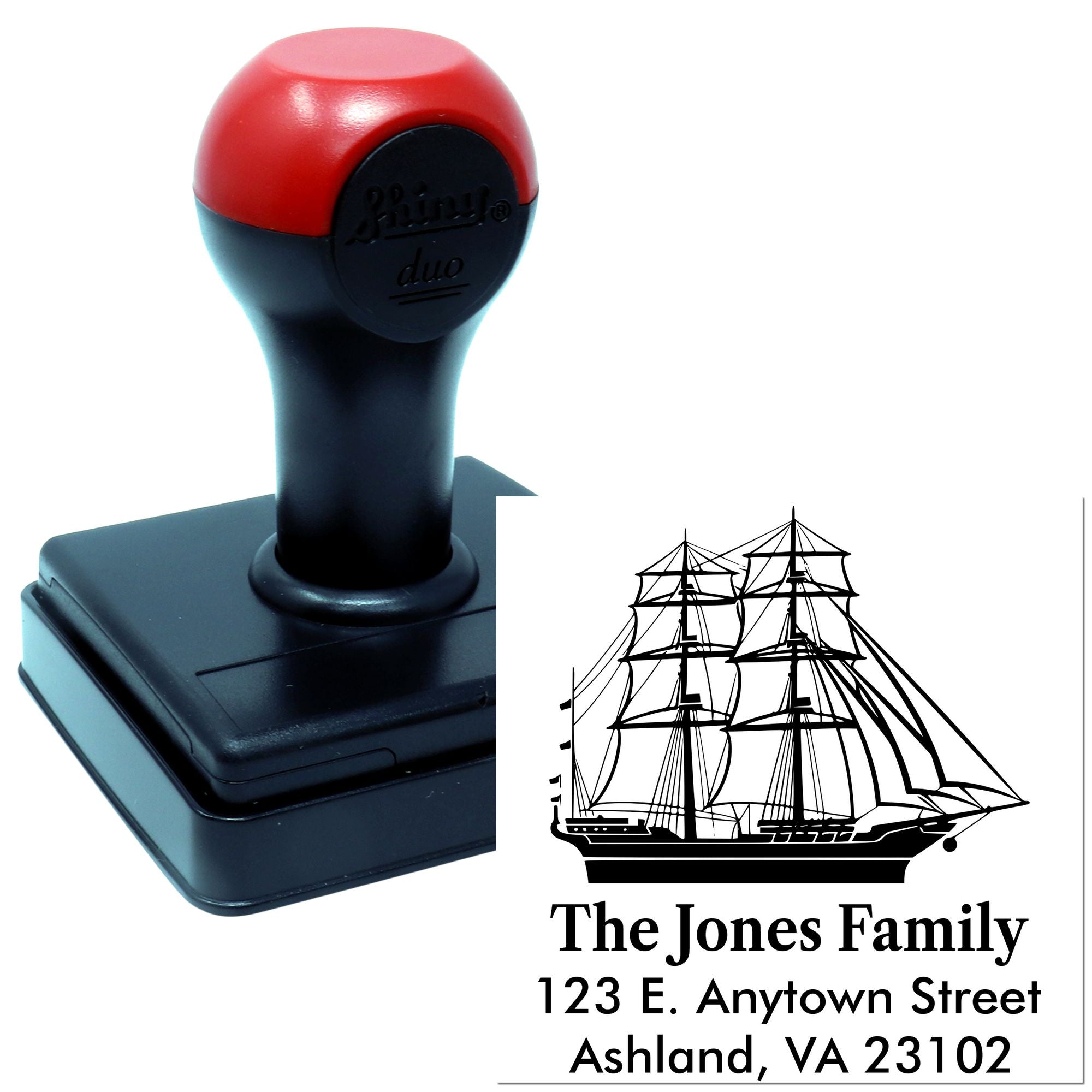 Custom self-inking rubber address stamp with ship design for The Jones Family return mail.