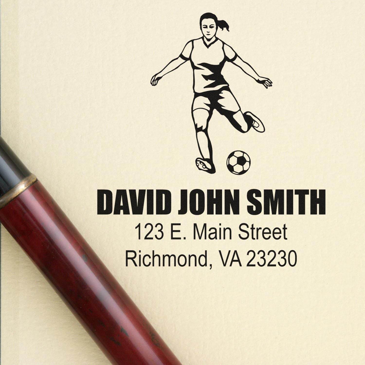 Custom return address rubber stamp with soccer player design for David John Smith, Richmond, VA 23230