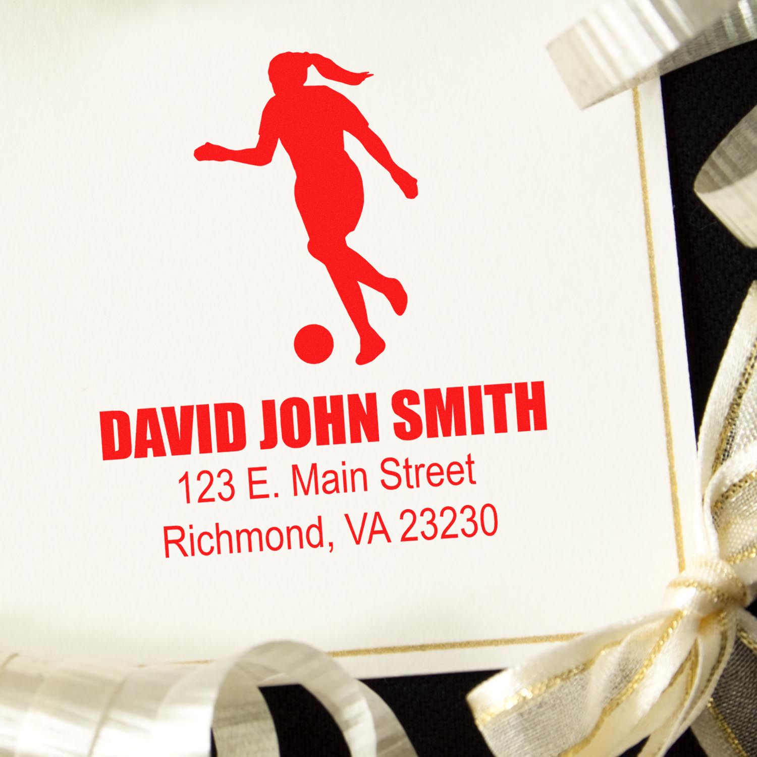 Custom soccer return address rubber stamp with personalized name, player silhouette, and Richmond, VA address.