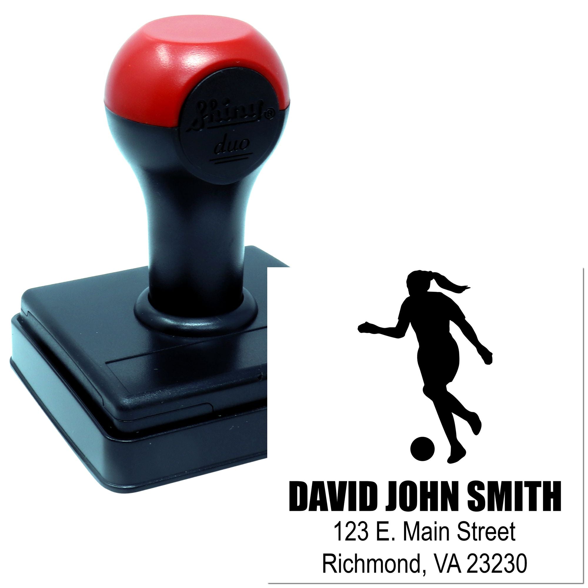 Custom self-inking rubber stamp with soccer player logo and return address for personalized mailing and branding.