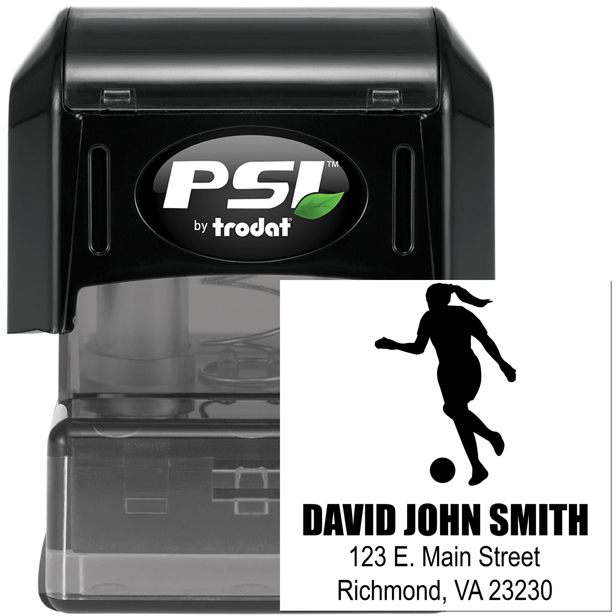Custom self-inking rubber stamp with soccer player design, David John Smith name, and Richmond, VA address