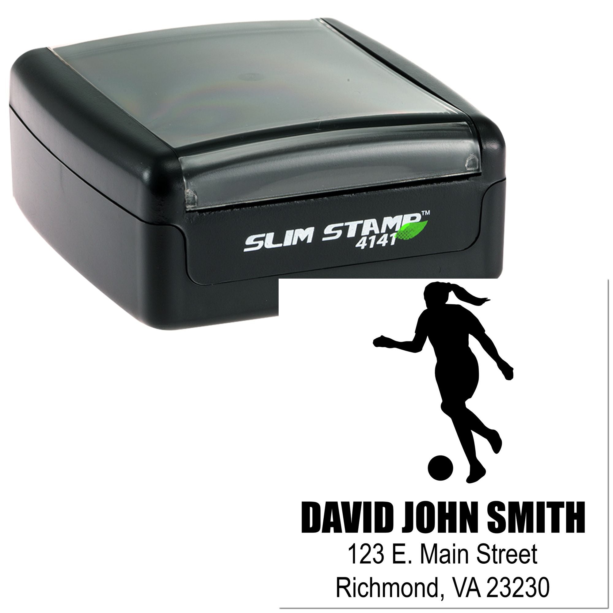 Custom self-inking Slim Stamp 4141 return address stamp with soccer player silhouette for David John Smith