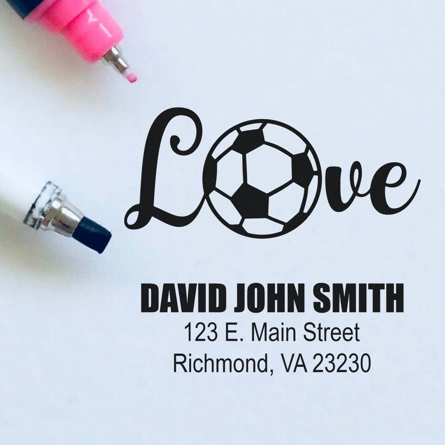 Custom rubber stamp design with soccer ball Love and return address for David John Smith, Richmond, VA.