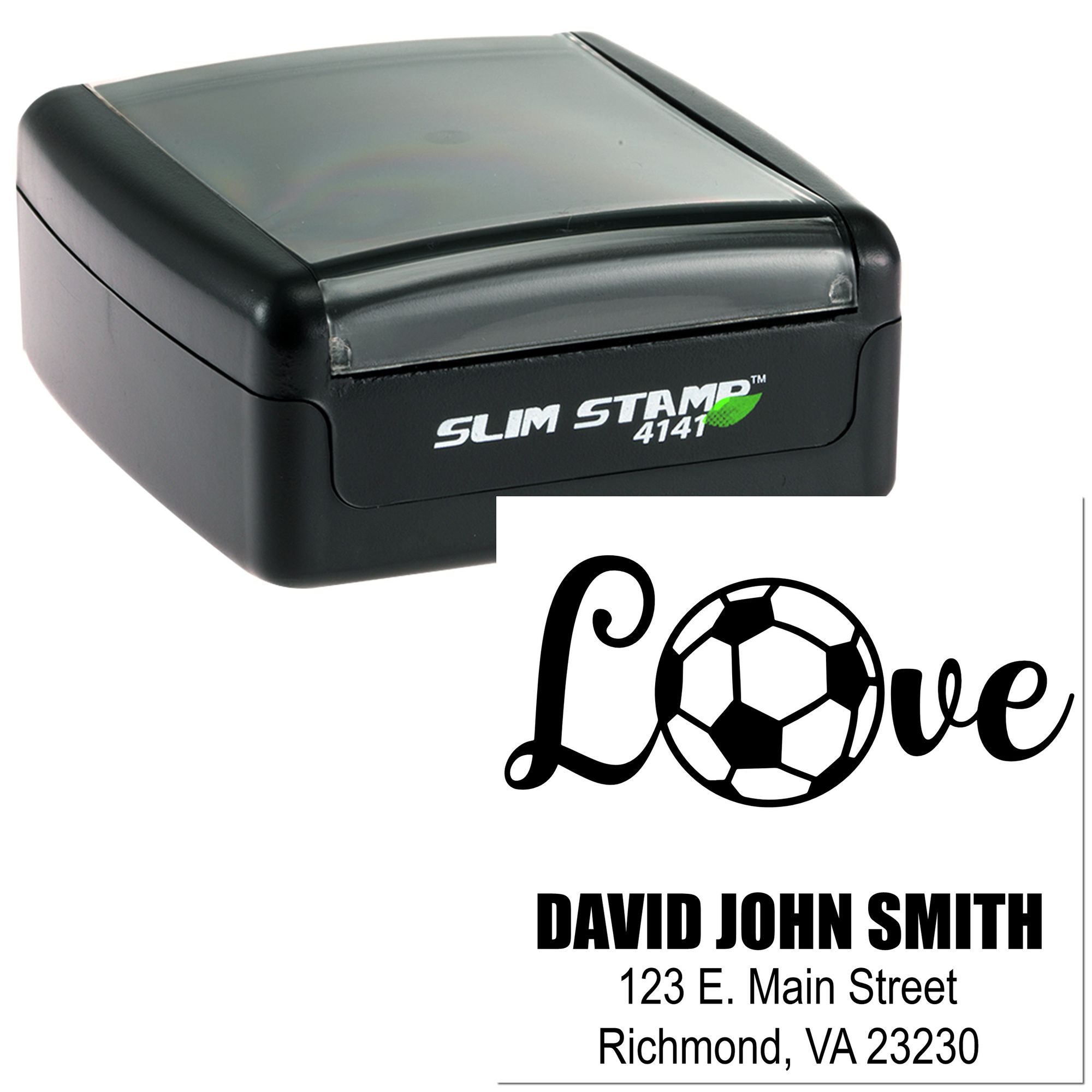 Slim Stamp 4141 self-inking rubber stamp with custom soccer love artwork and personalized address imprint