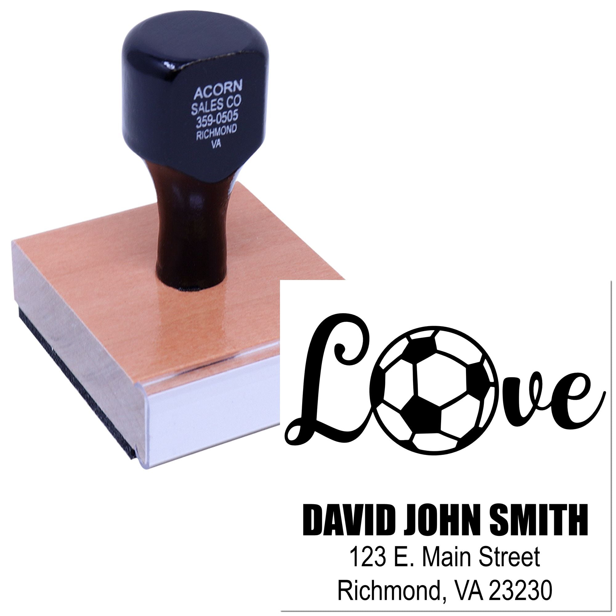 Custom rubber stamp with soccer love design and return address for personalized mailing, cards, and business branding.