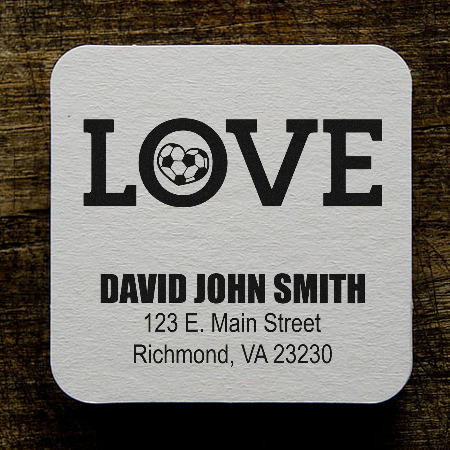 Custom rubber address stamp with soccer LOVE design, personalized for David John Smith in Richmond, VA.