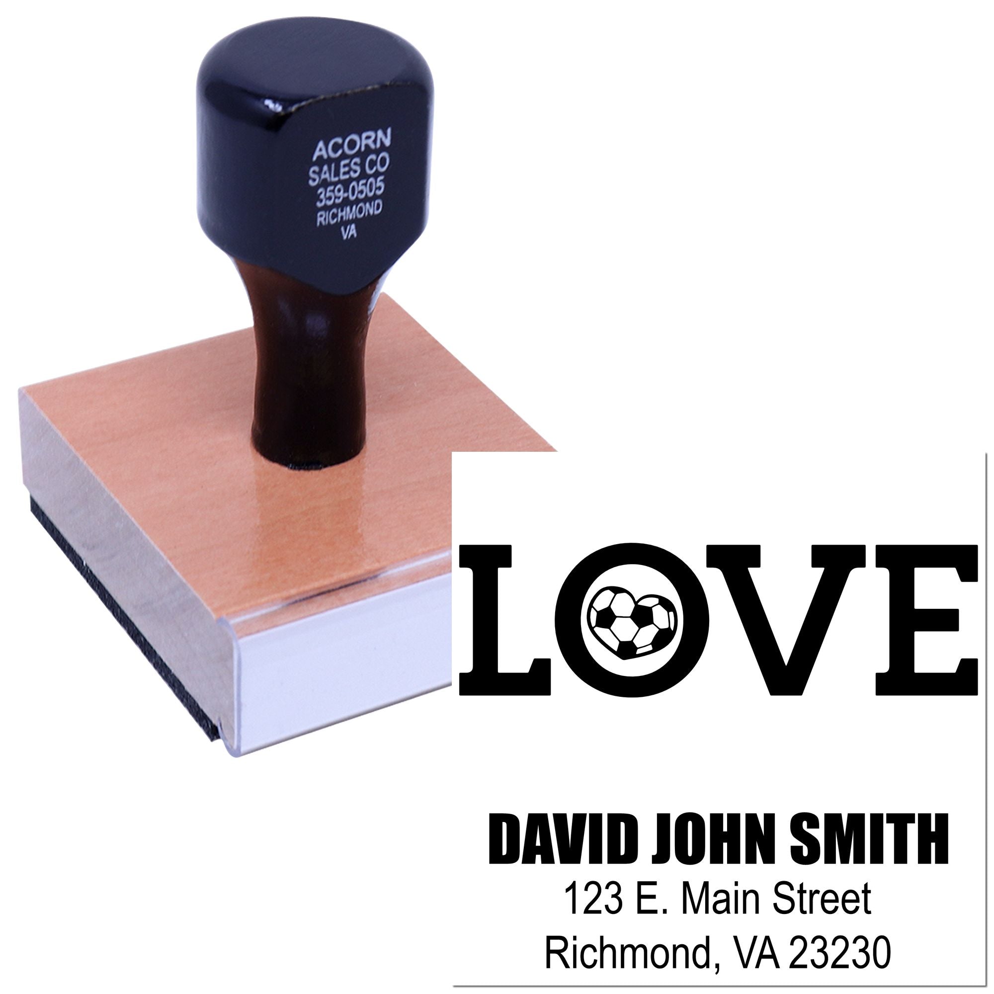 Personalized rubber stamp with soccer ball LOVE design, name, and address for custom packaging.