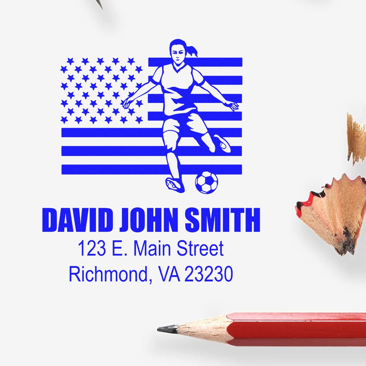 Custom rubber stamp impression with soccer player and U.S. flag design, personalized with name and address: David John Smith, Richmond, VA.